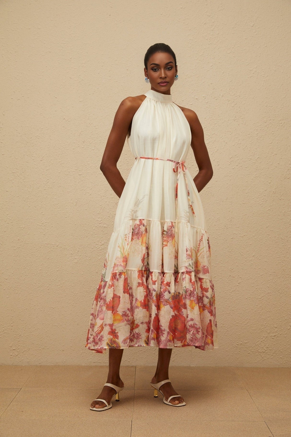 Brooklyn Midi Dress - Sleeveless - Mock Neck - Tied Waist - Floral Print - Shirred Effect
