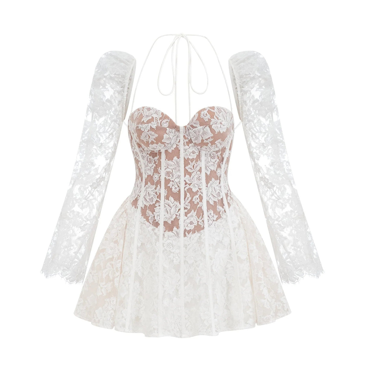 Brooklyn Mini Dress White Floral - Lace Corset Puff - Sleeve