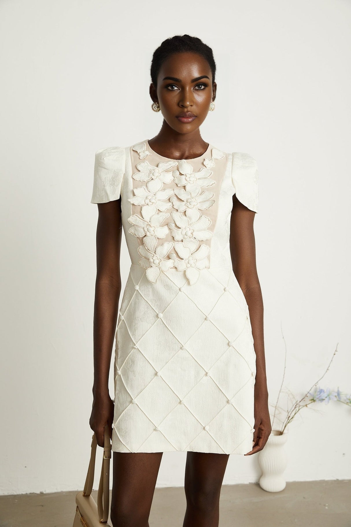 Brooklynn Mini Dress - 3D Petal Detailing - Fitted Waist - Fabric - Covered Buttons - Tulle Panelling - Rear Zip Fastening