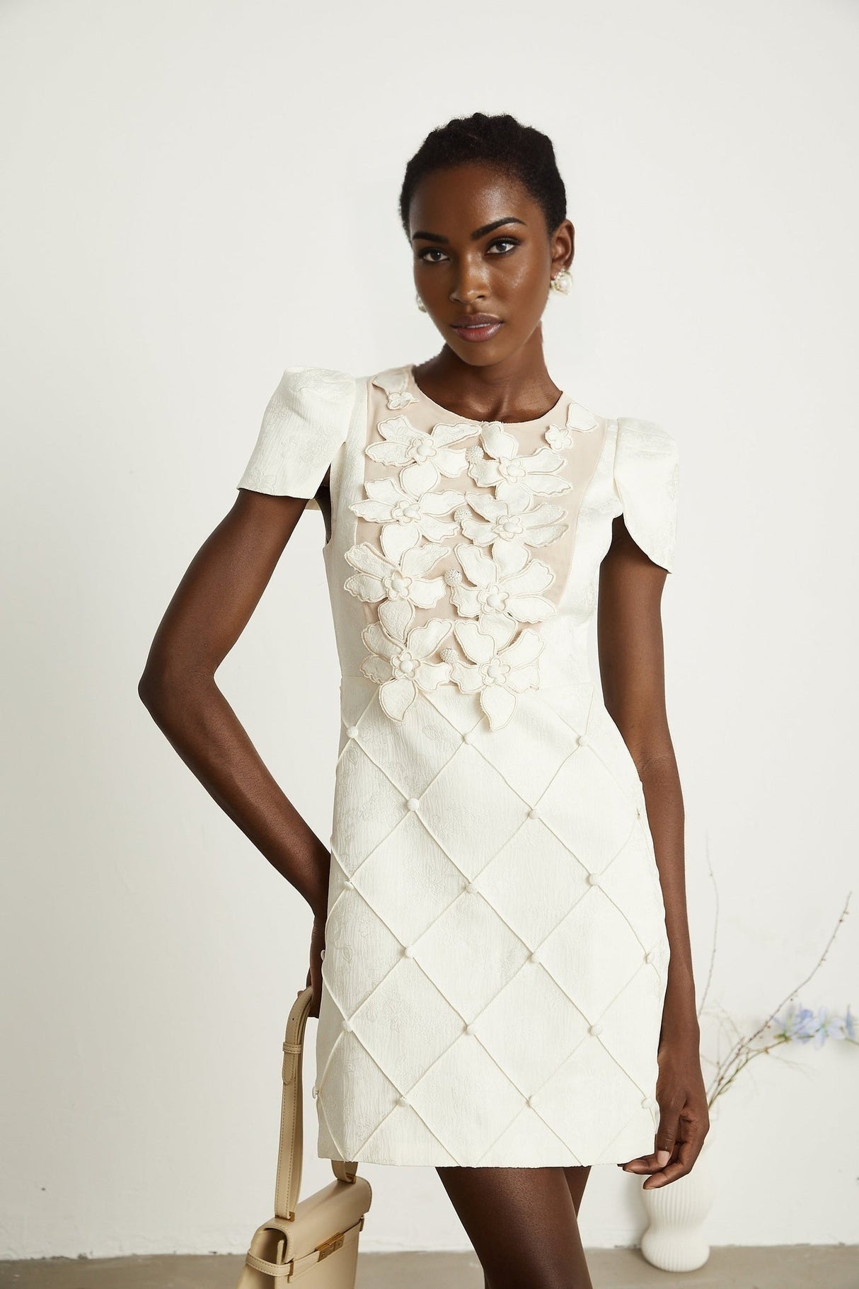 Brooklynn Mini Dress - 3D Petal Detailing - Fitted Waist - Fabric - Covered Buttons - Tulle Panelling - Rear Zip Fastening