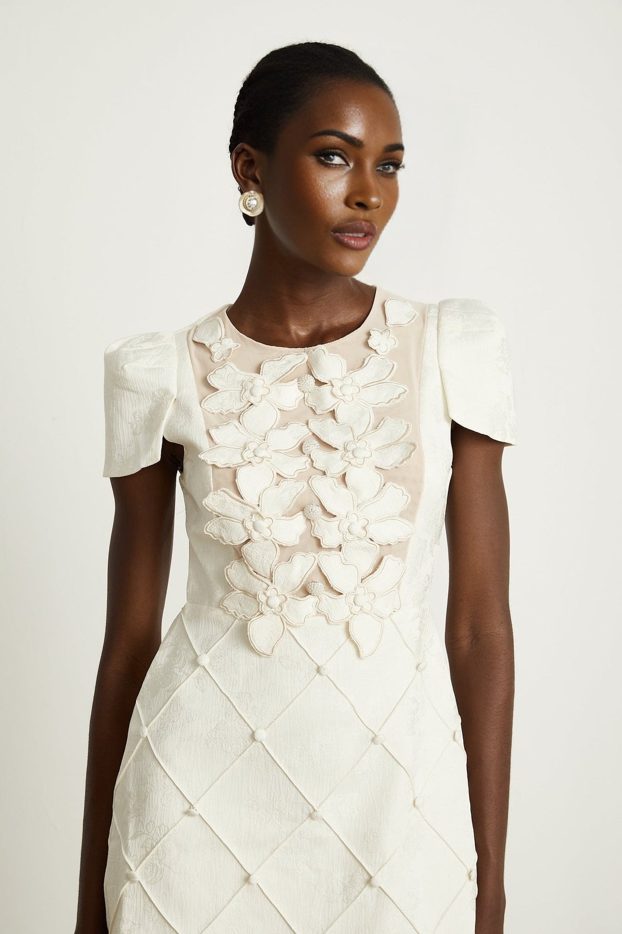 Brooklynn Mini Dress - 3D Petal Detailing - Fitted Waist - Fabric - Covered Buttons - Tulle Panelling - Rear Zip Fastening