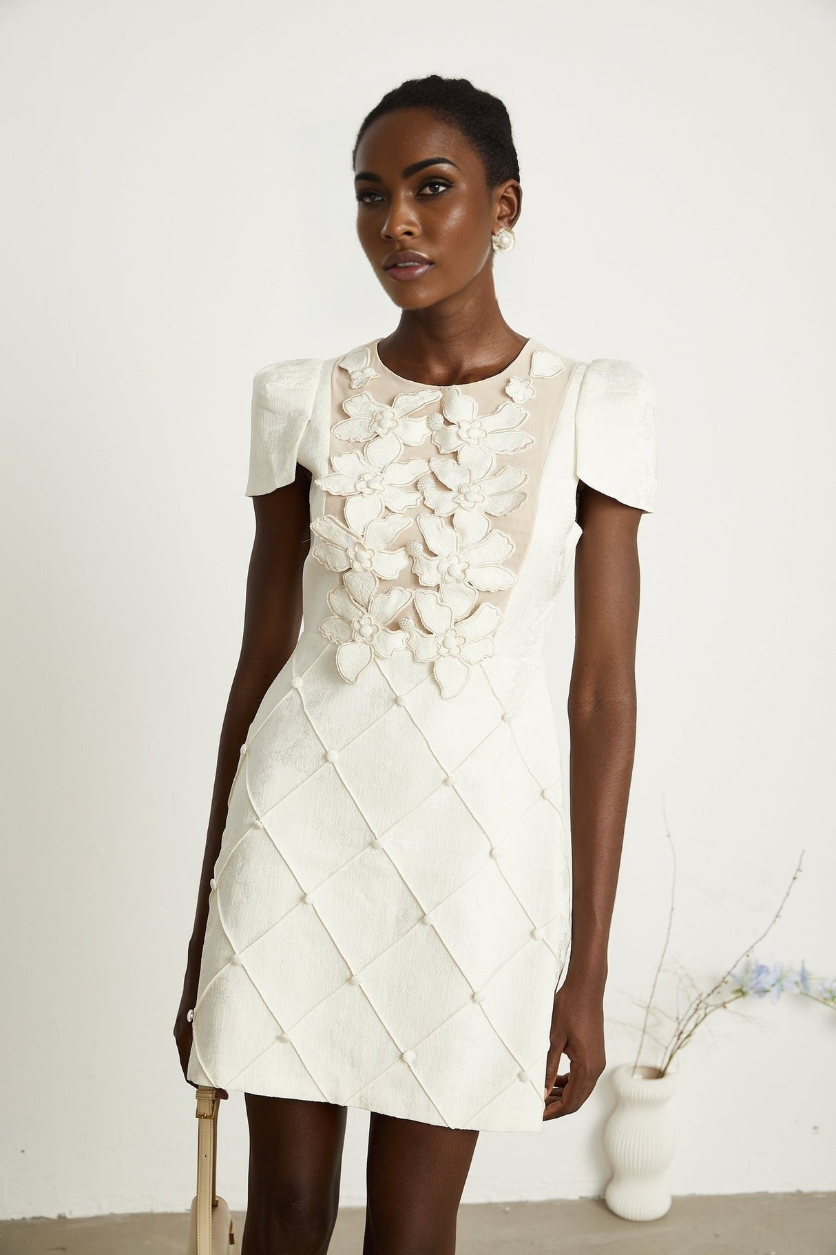 Brooklynn Mini Dress - 3D Petal Detailing - Fitted Waist - Fabric - Covered Buttons - Tulle Panelling - Rear Zip Fastening