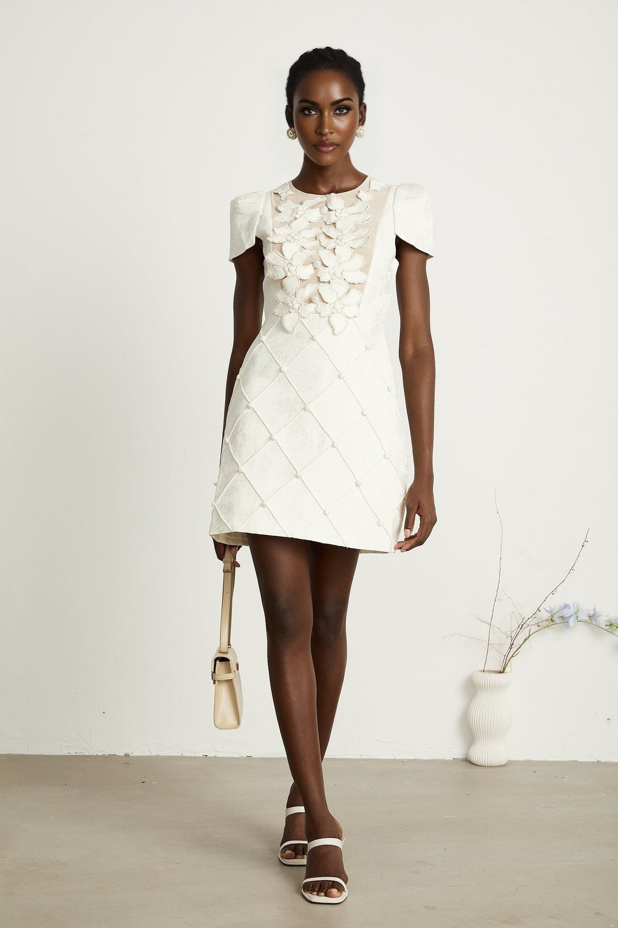 Brooklynn Mini Dress - 3D Petal Detailing - Fitted Waist - Fabric - Covered Buttons - Tulle Panelling - Rear Zip Fastening