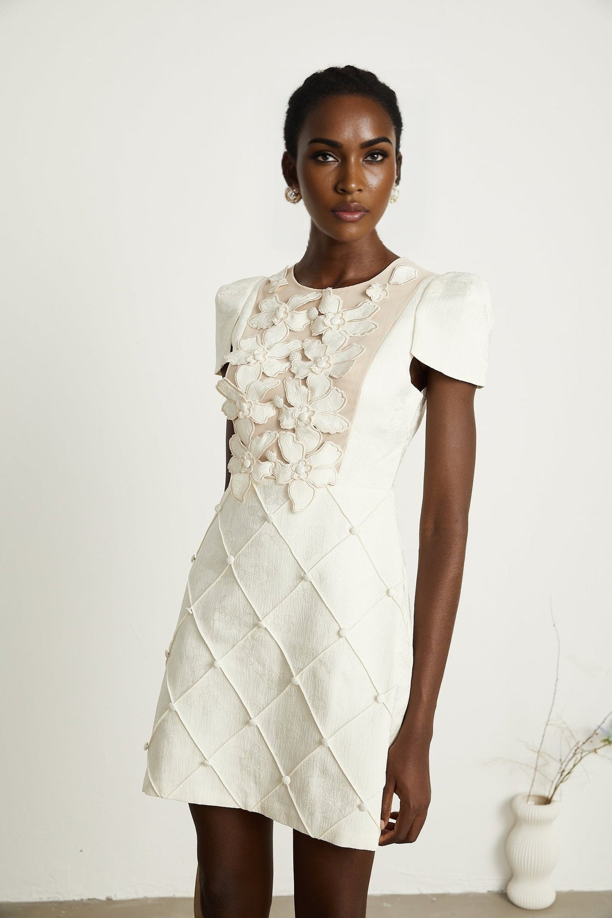 Brooklynn Mini Dress - 3D Petal Detailing - Fitted Waist - Fabric - Covered Buttons - Tulle Panelling - Rear Zip Fastening