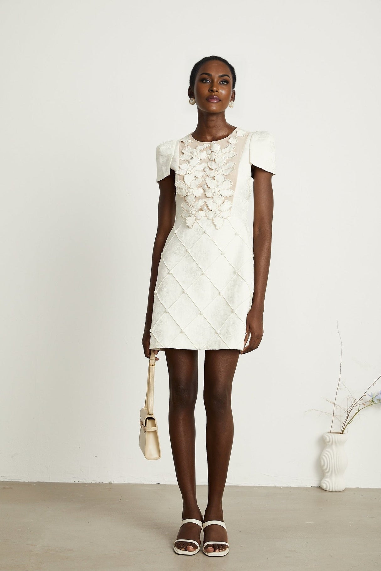 Brooklynn Mini Dress - 3D Petal Detailing - Fitted Waist - Fabric - Covered Buttons - Tulle Panelling - Rear Zip Fastening