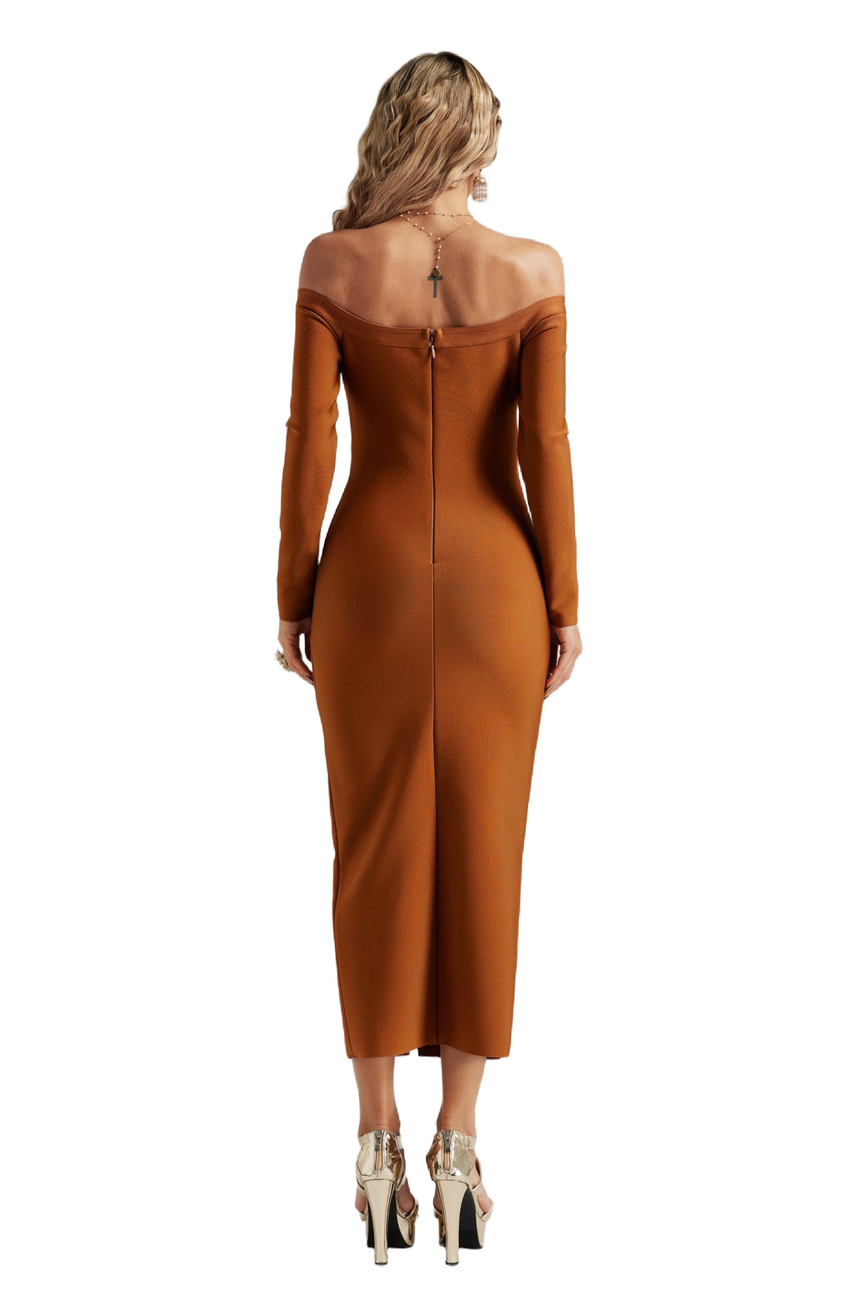 Brown Eliana Straight Shoulder Long Sleeves Bandage Midi Dress with Floral Embellishments