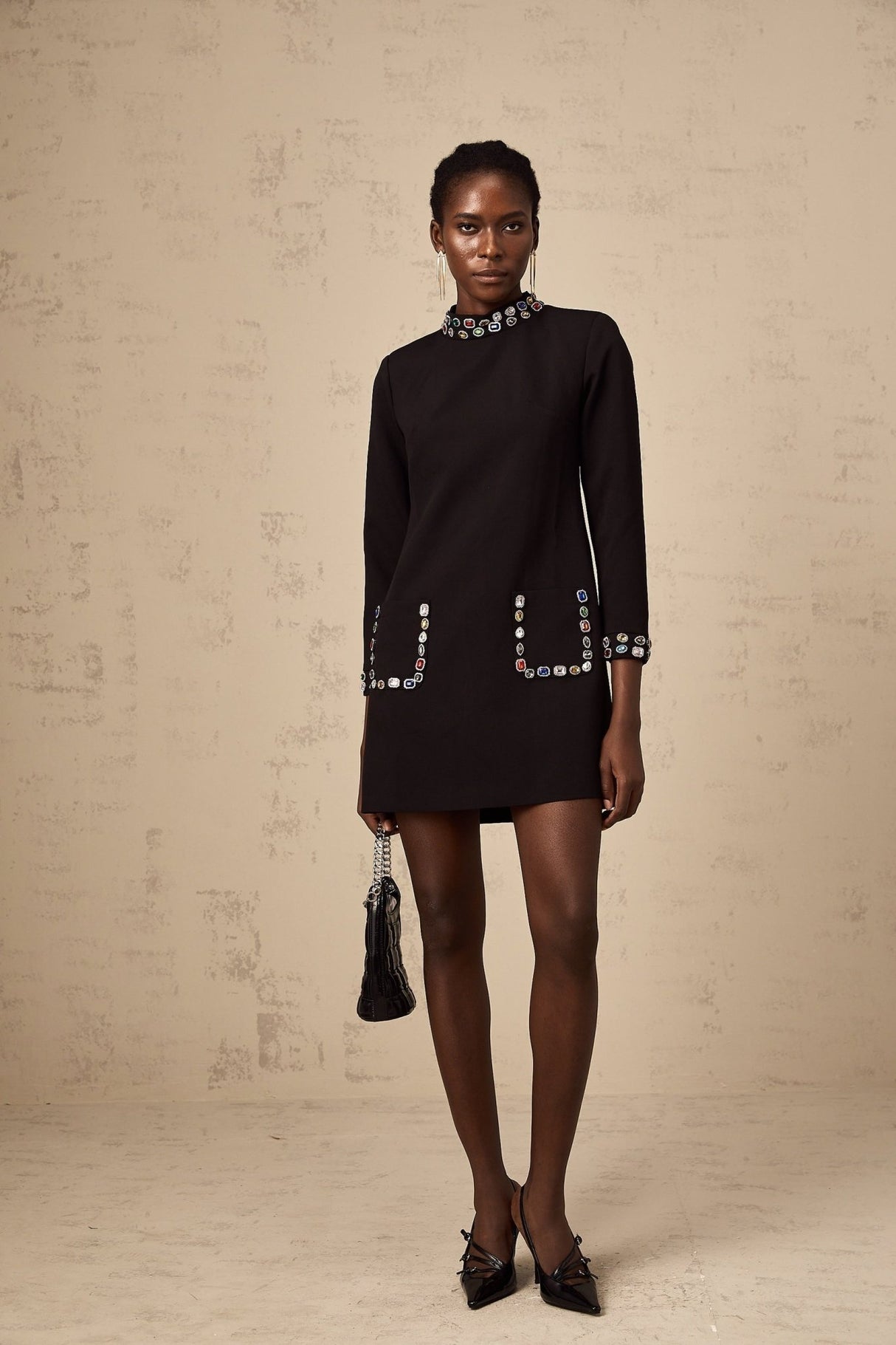 Bruna Long Sleeve Mini Dress - Mock Neck - Crystal Embellishment - Patch Pockets - Rear Zip Fastening