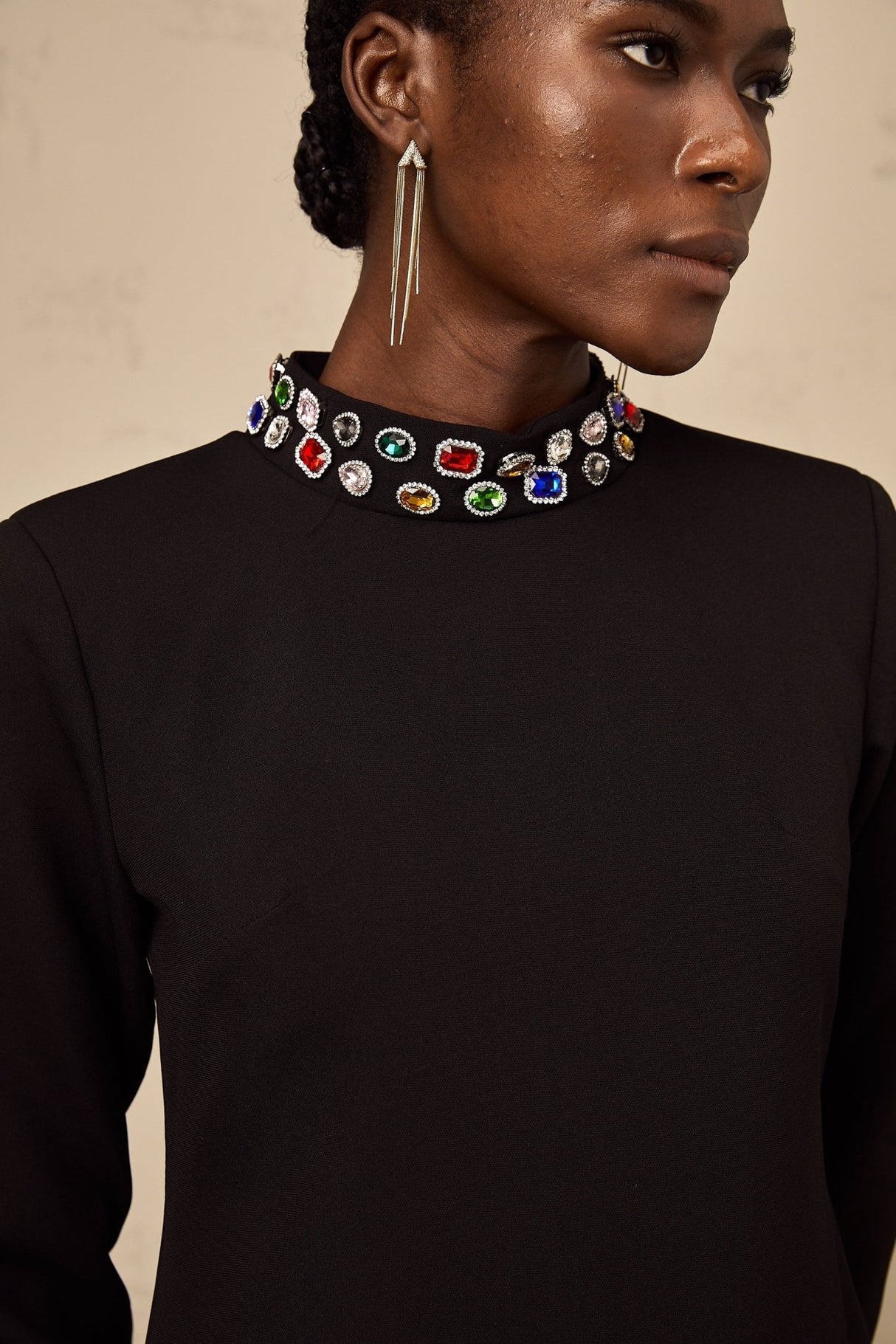 Bruna Long Sleeve Mini Dress - Mock Neck - Crystal Embellishment - Patch Pockets - Rear Zip Fastening