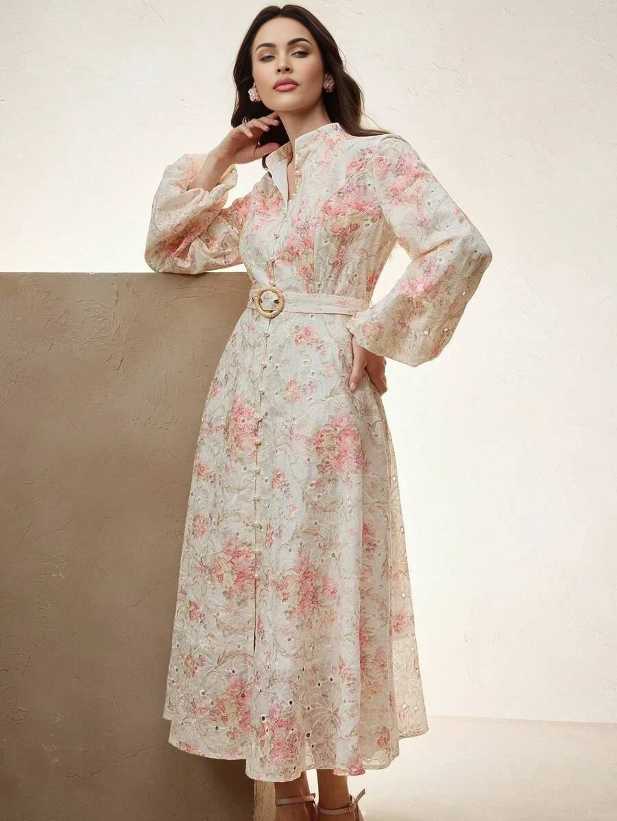 Bruna Midi Dress - Notched Neckline - Bishop Sleeve - High Waist - A Line - Floral Print