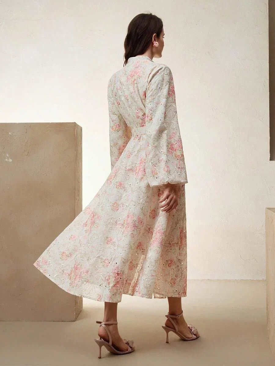 Bruna Midi Dress - Notched Neckline - Bishop Sleeve - High Waist - A Line - Floral Print