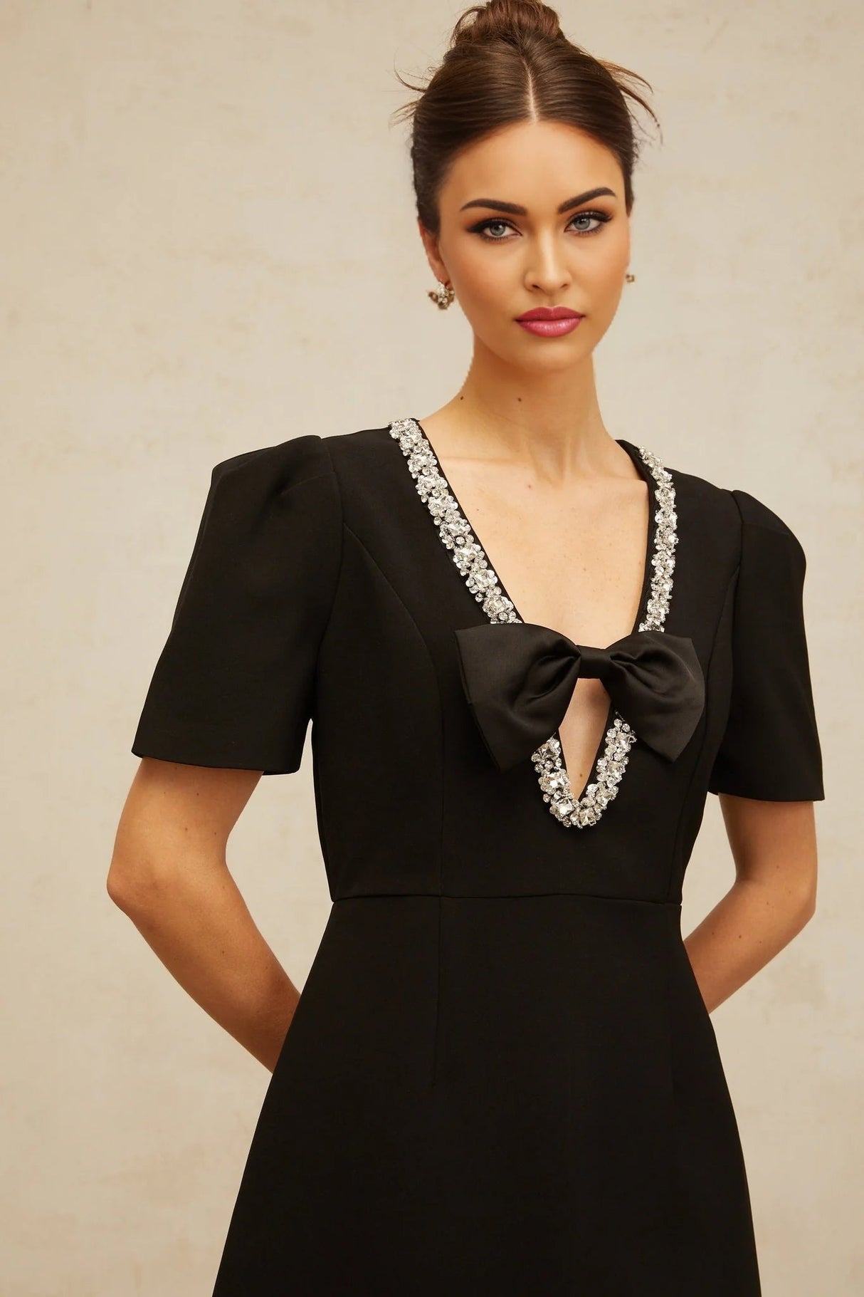 Bruna Mini Dress Black Crystal Bow Accents A - Line Thigh - Length Zip Fastening