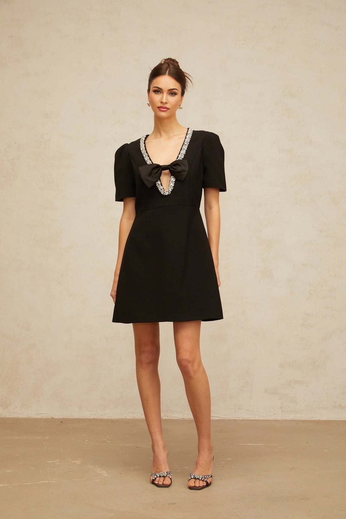 Bruna Mini Dress Black Crystal Bow Accents A - Line Thigh - Length Zip Fastening