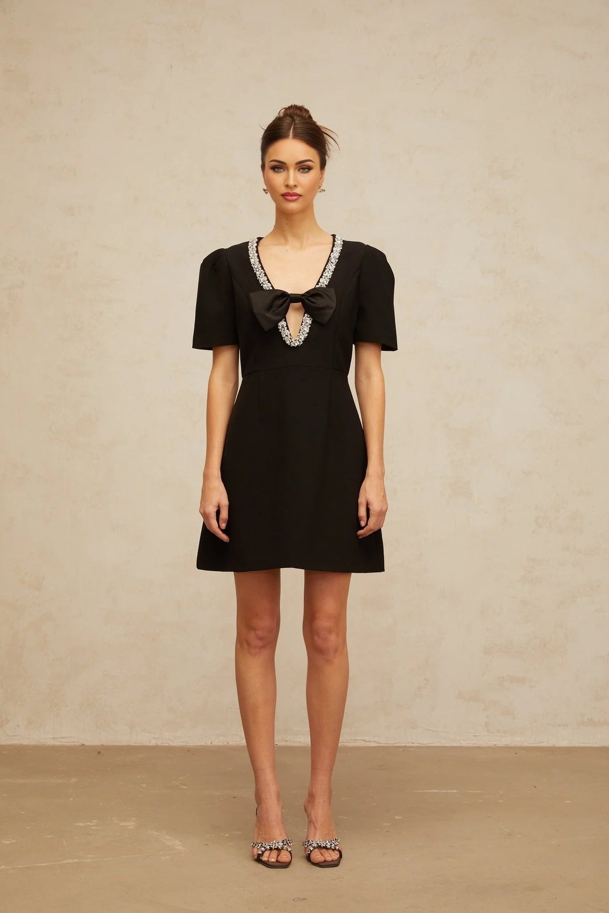 Bruna Mini Dress Black Crystal Bow Accents A - Line Thigh - Length Zip Fastening