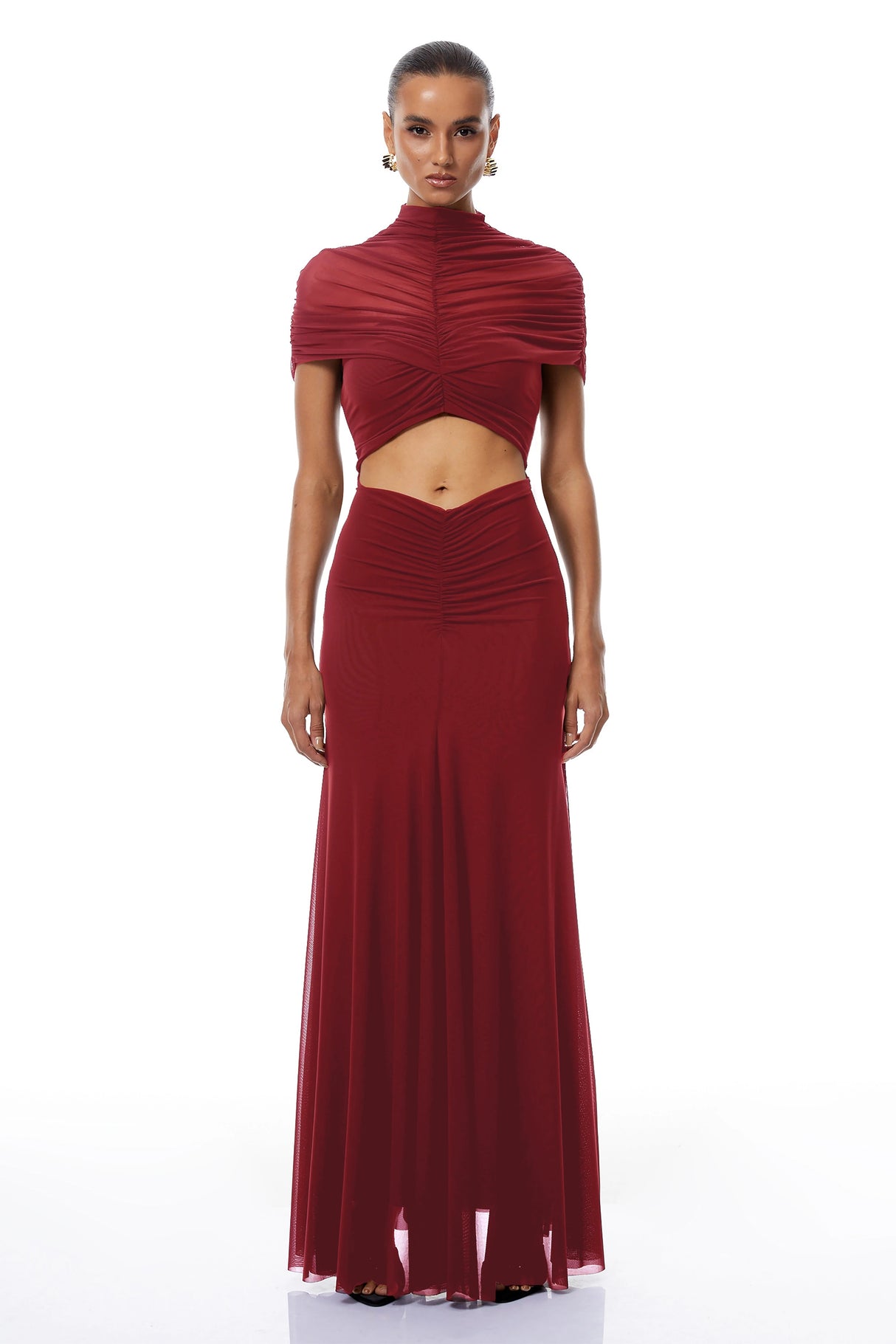 Bruna Red CutOut Ruched Mesh Maxi Dress