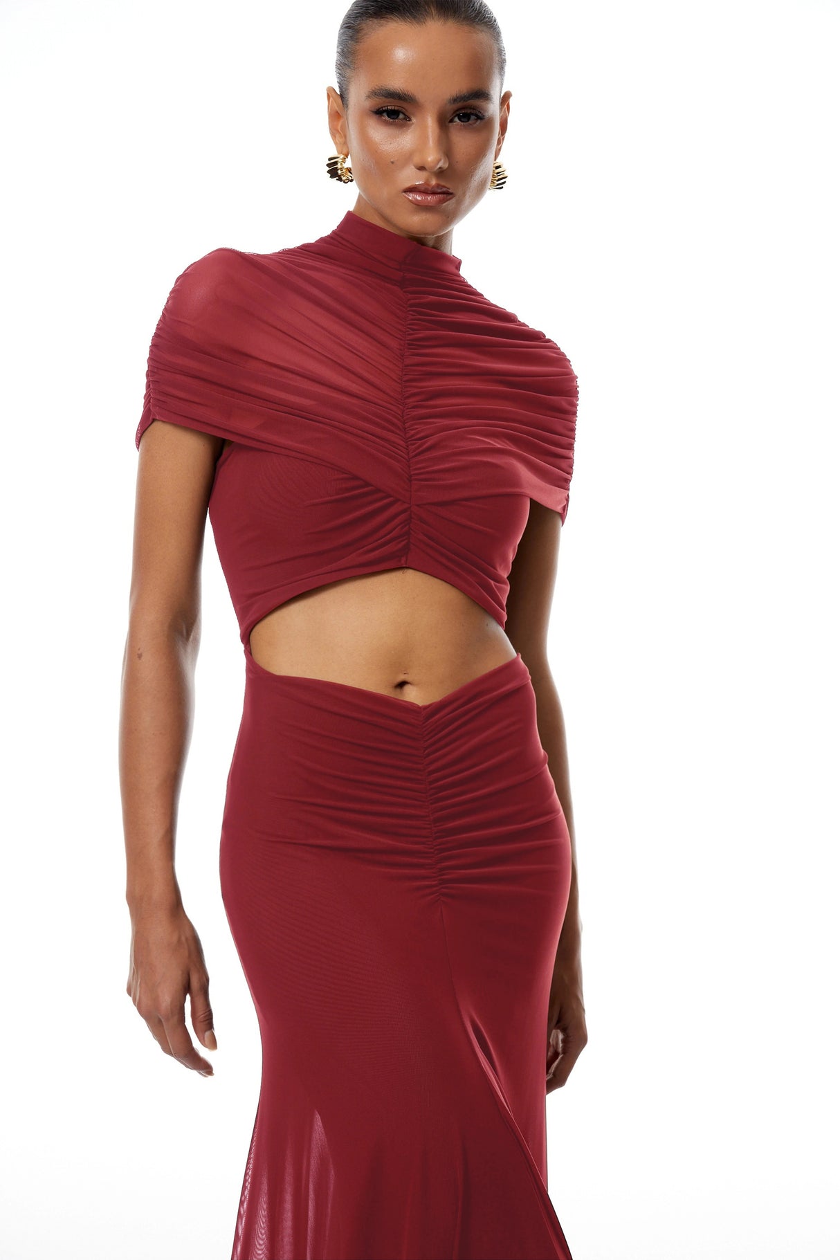 Bruna Red CutOut Ruched Mesh Maxi Dress