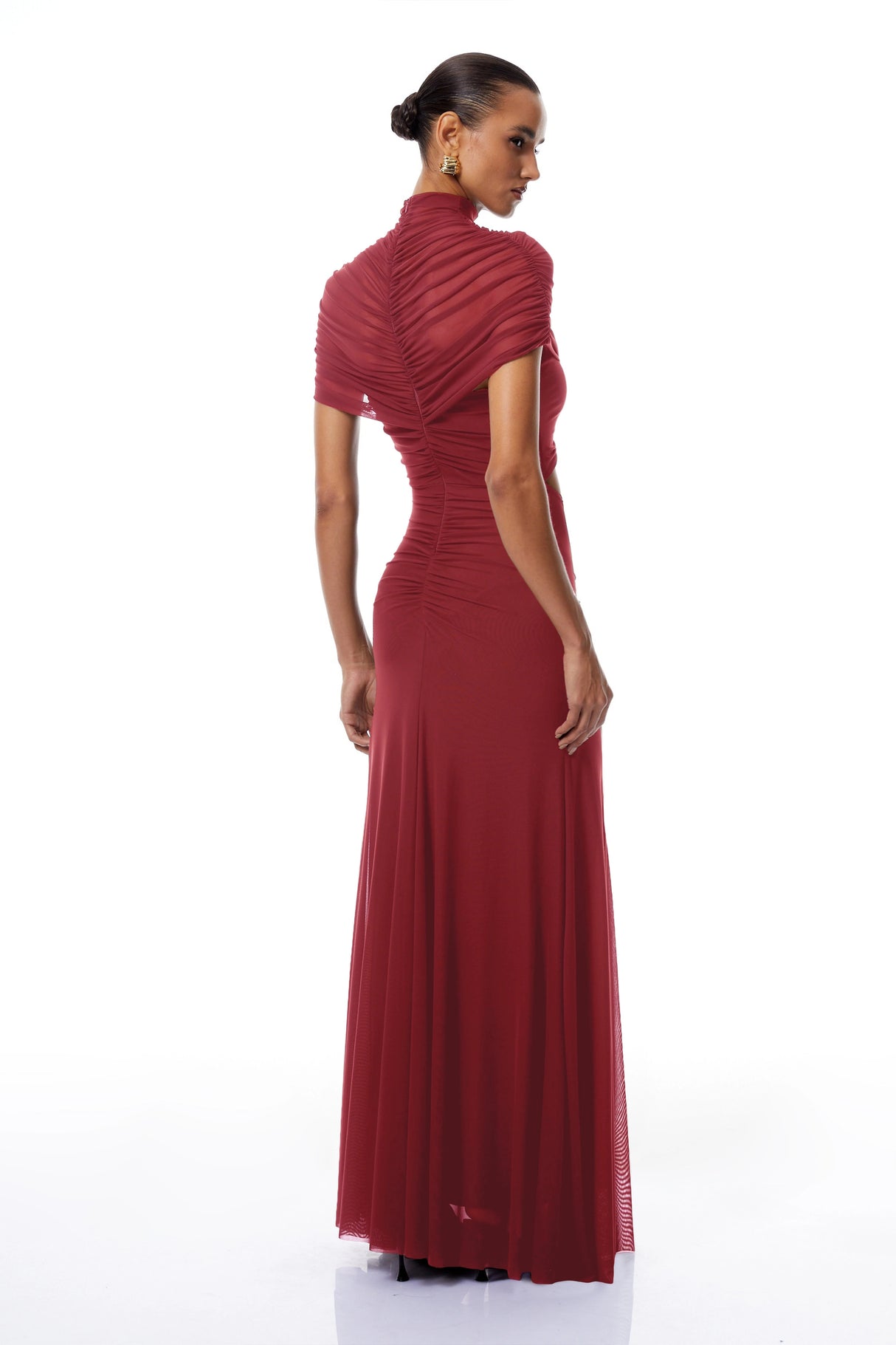Bruna Red CutOut Ruched Mesh Maxi Dress