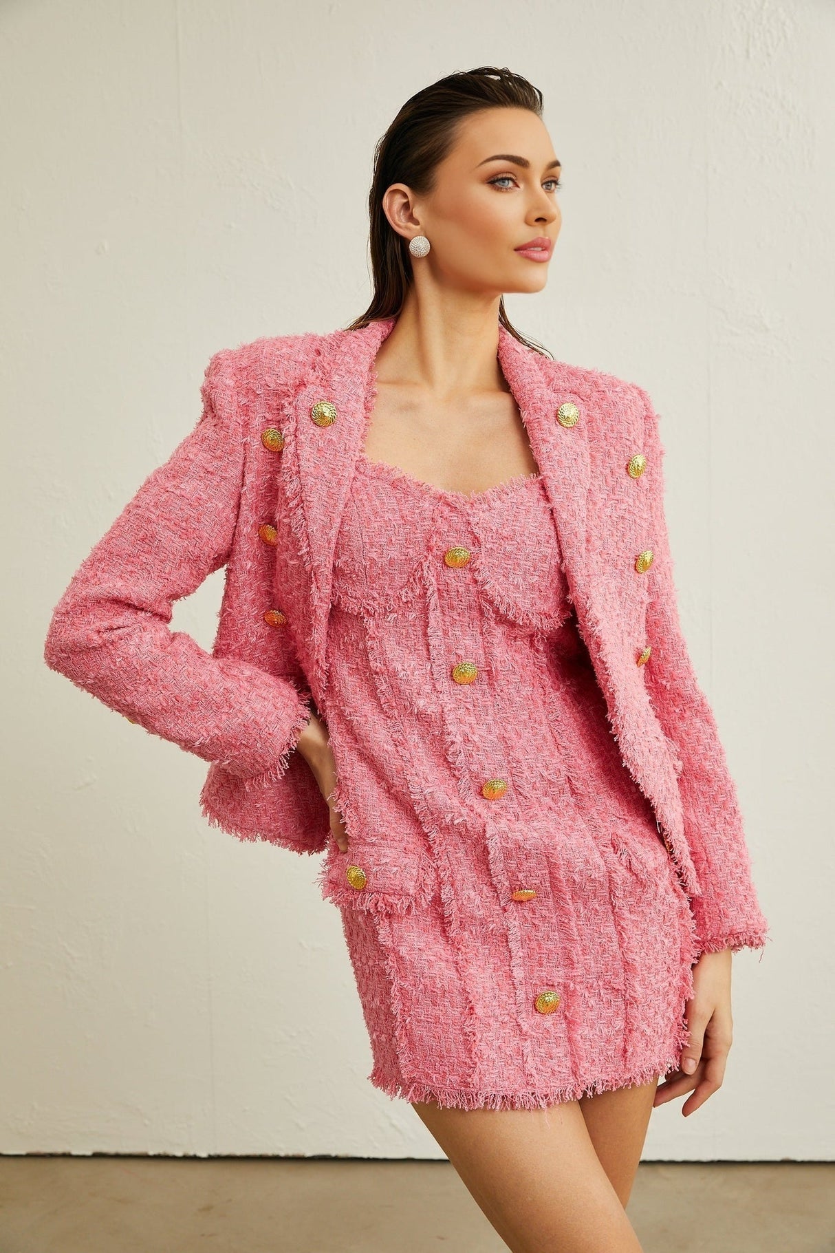 Bruna Tweed Jacket – Open Front – Metallic Thread – Frayed Edges – Gold Buttons