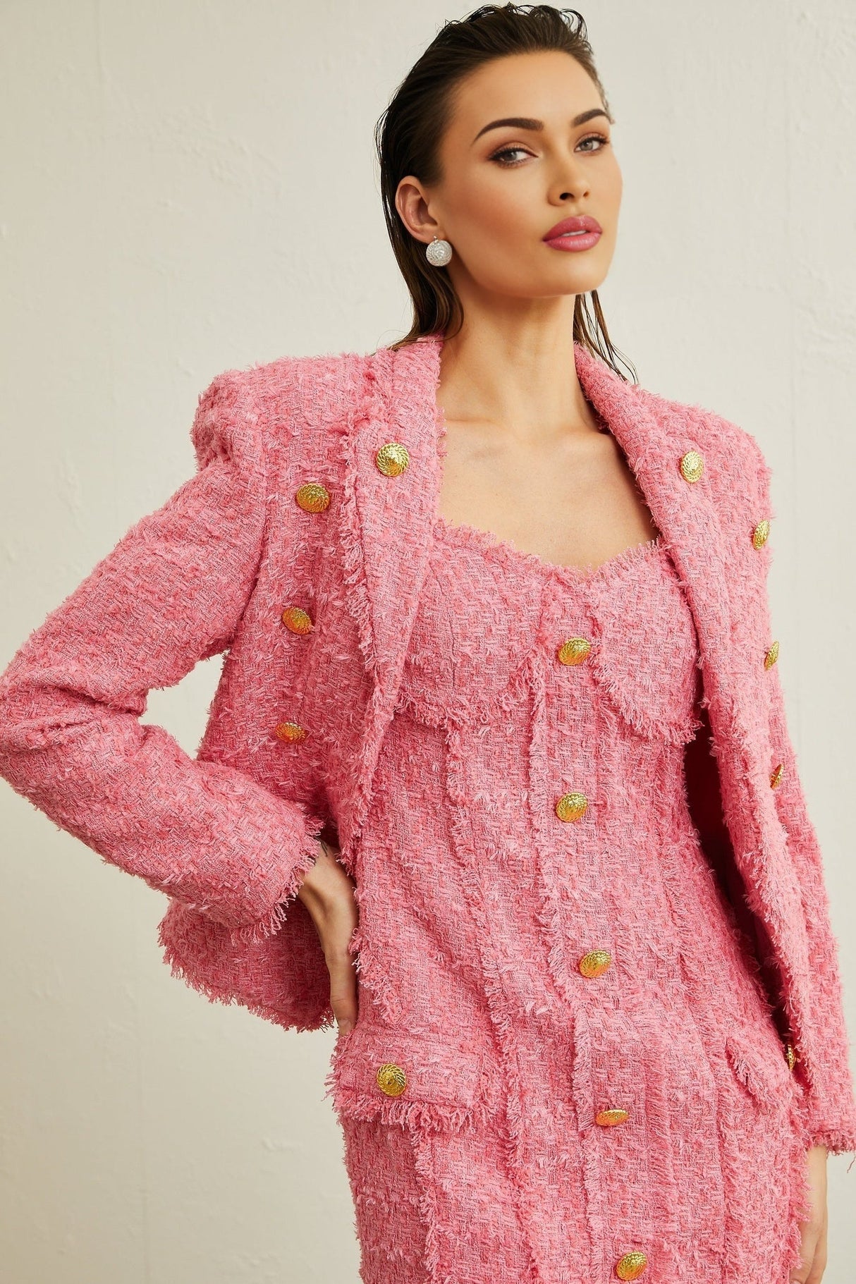 Bruna Tweed Jacket – Open Front – Metallic Thread – Frayed Edges – Gold Buttons