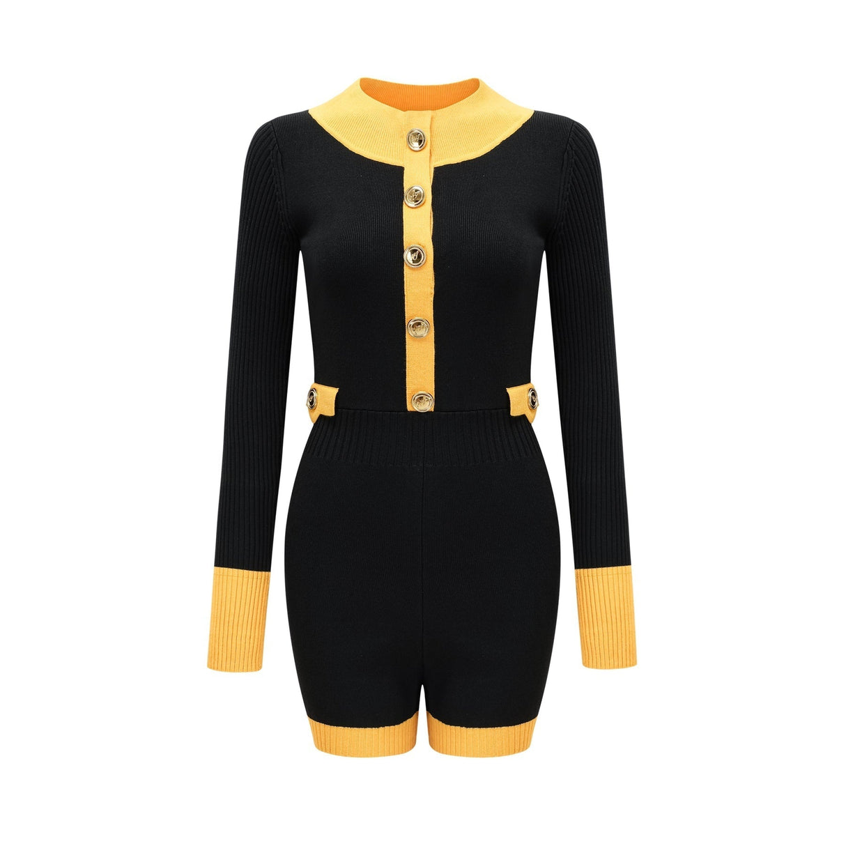 Brynn Knitted Bodysuit - Contrast Colors - Long Sleeves - Front Button Fastening - Flap Pockets