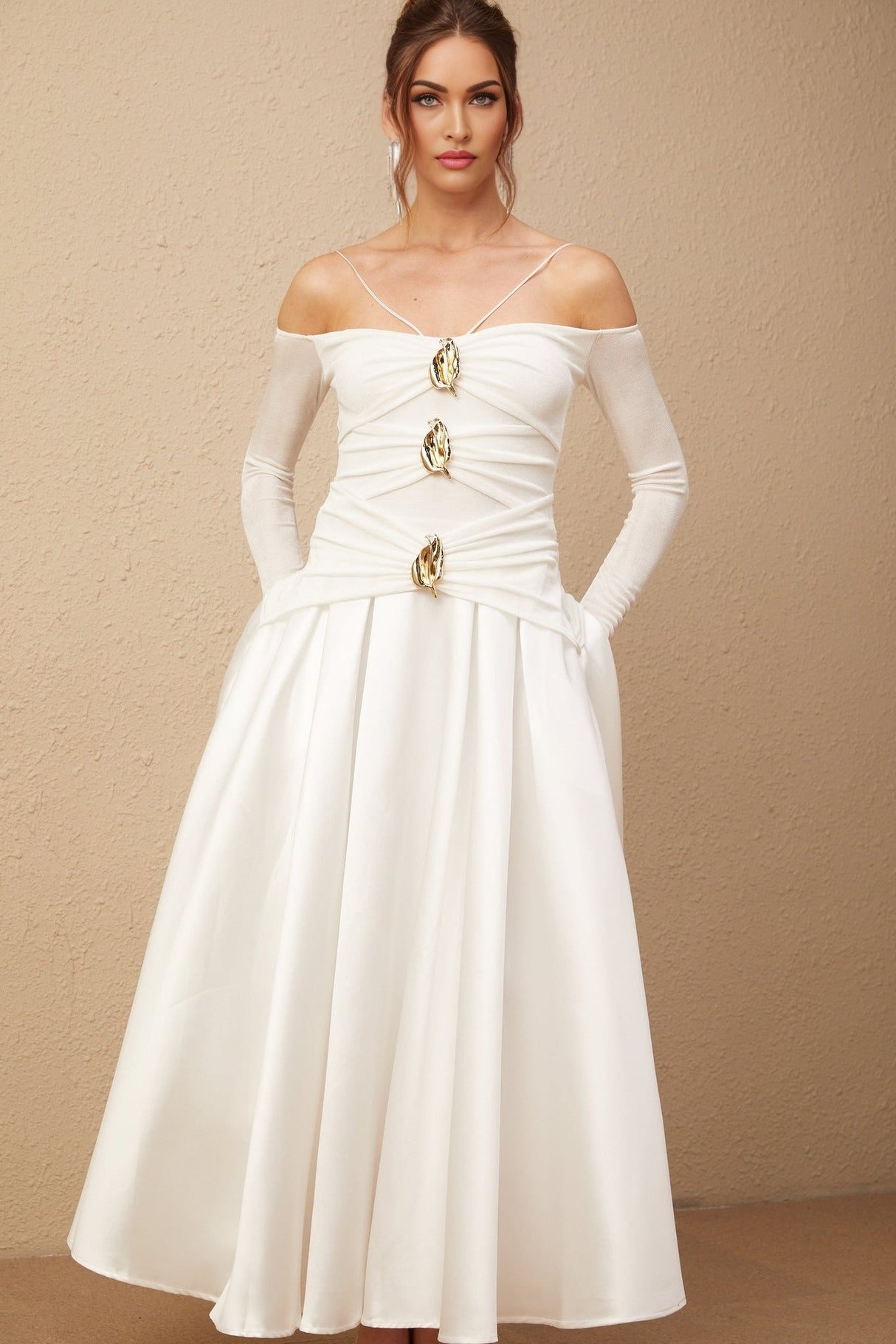 Brynn Maxi Dress - Off the Shoulder - Long Sleeves - Spaghetti Straps - Pleated Detailing - Gold - Tone Hardware