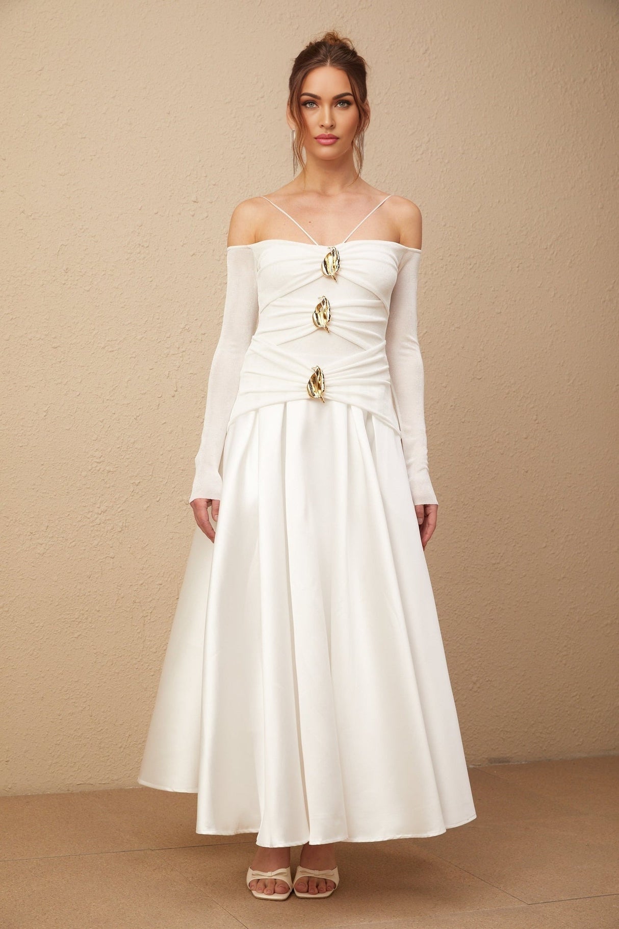 Brynn Maxi Dress - Off the Shoulder - Long Sleeves - Spaghetti Straps - Pleated Detailing - Gold - Tone Hardware