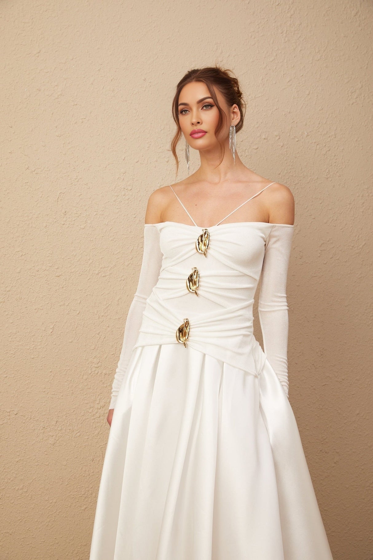 Brynn Maxi Dress - Off the Shoulder - Long Sleeves - Spaghetti Straps - Pleated Detailing - Gold - Tone Hardware