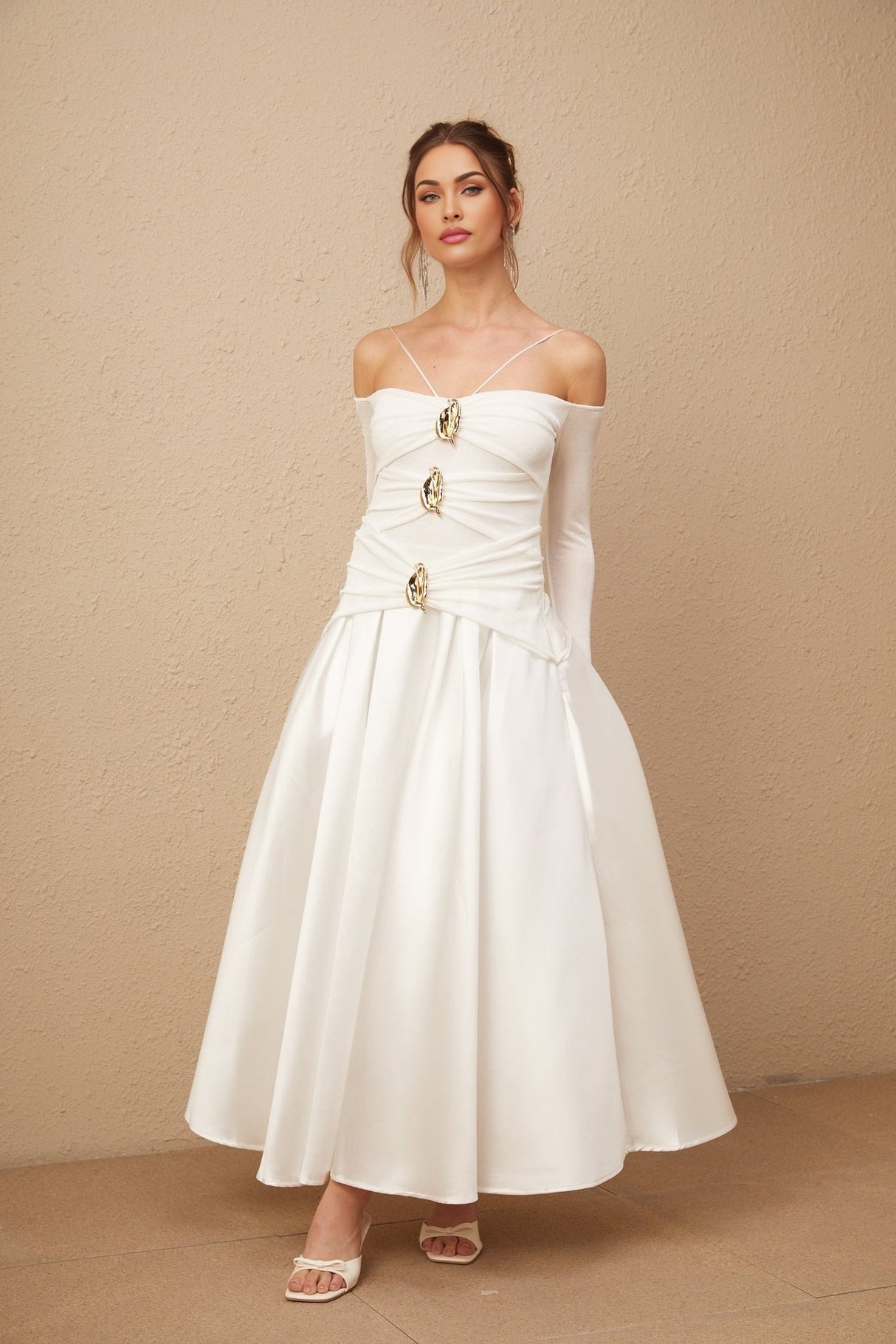 Brynn Maxi Dress - Off the Shoulder - Long Sleeves - Spaghetti Straps - Pleated Detailing - Gold - Tone Hardware