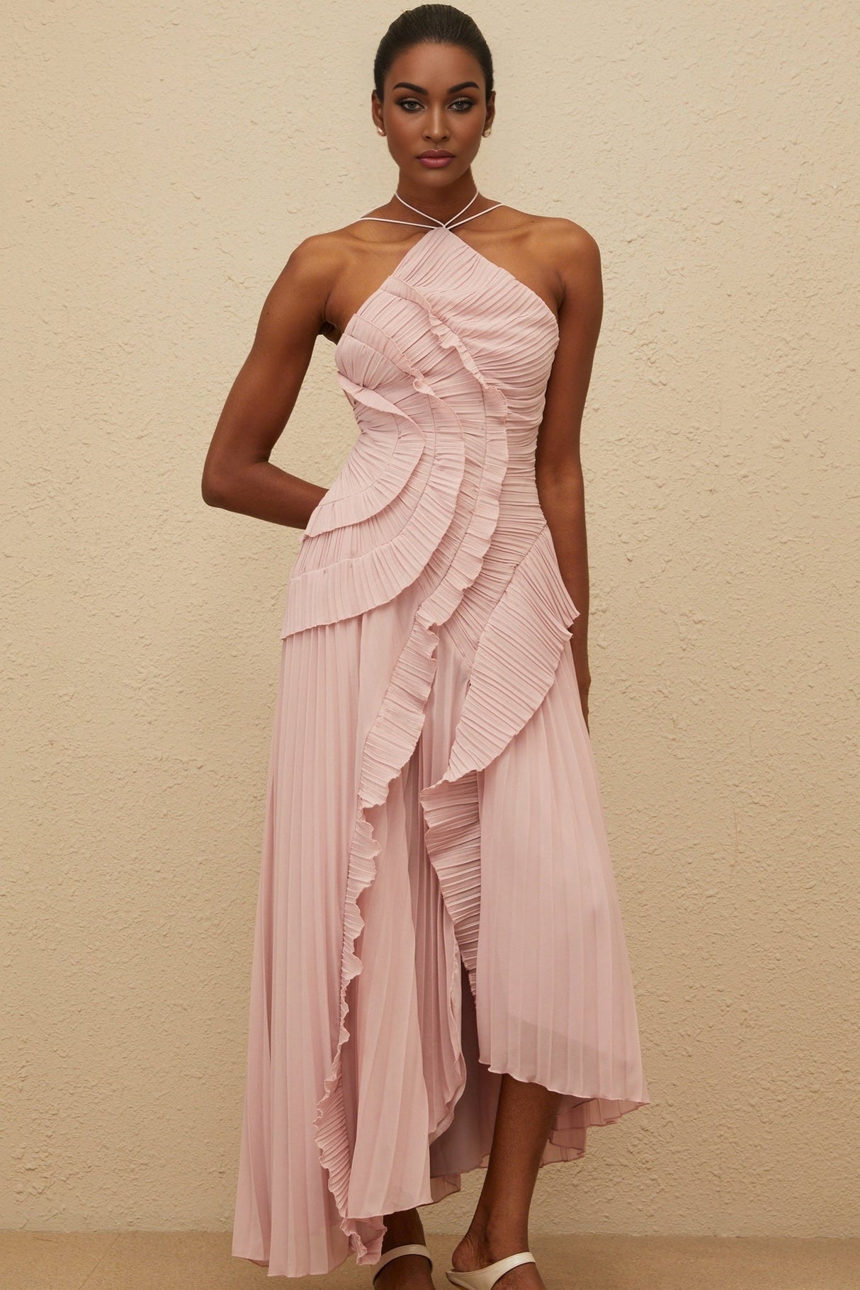 Brynn Midi Dress - Halterneck - Sleeveless - Fully - Pleated - Ruffled Trim - Asymmetrical Design