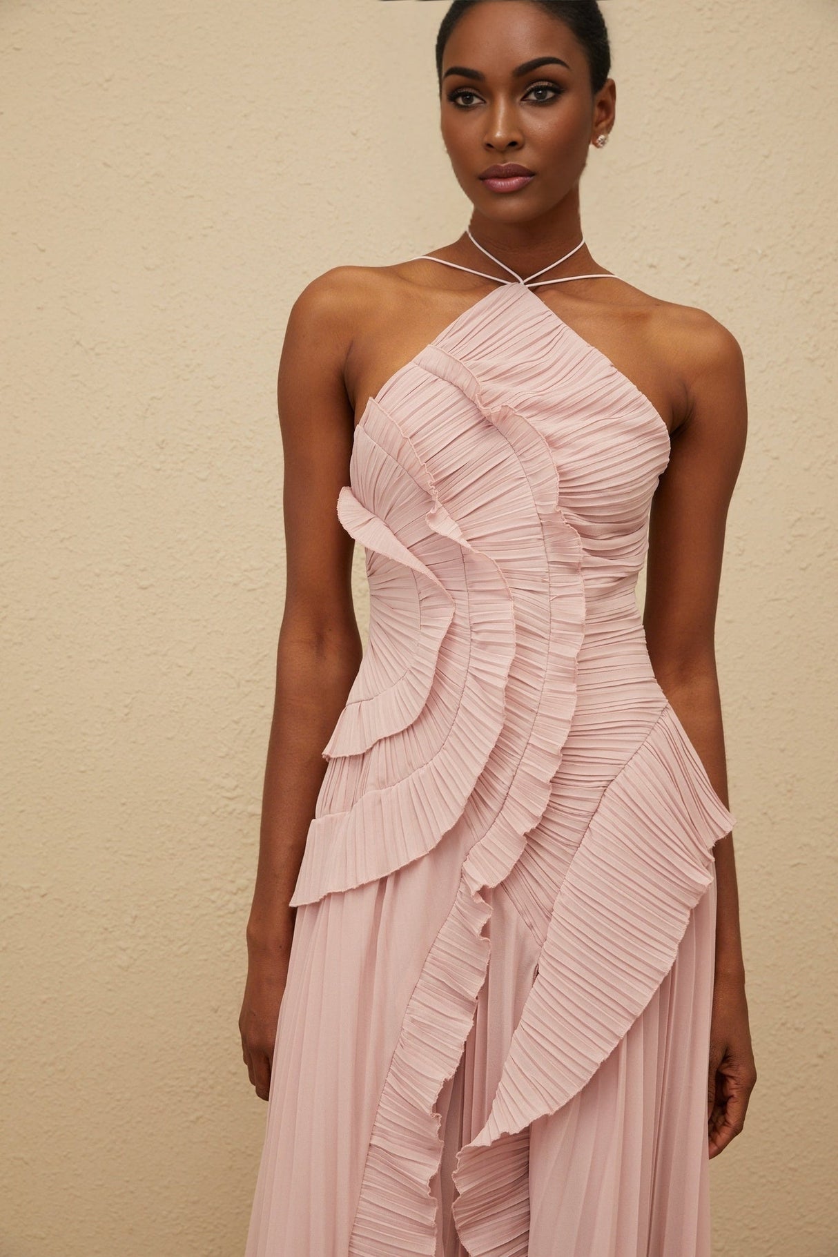 Brynn Midi Dress - Halterneck - Sleeveless - Fully - Pleated - Ruffled Trim - Asymmetrical Design