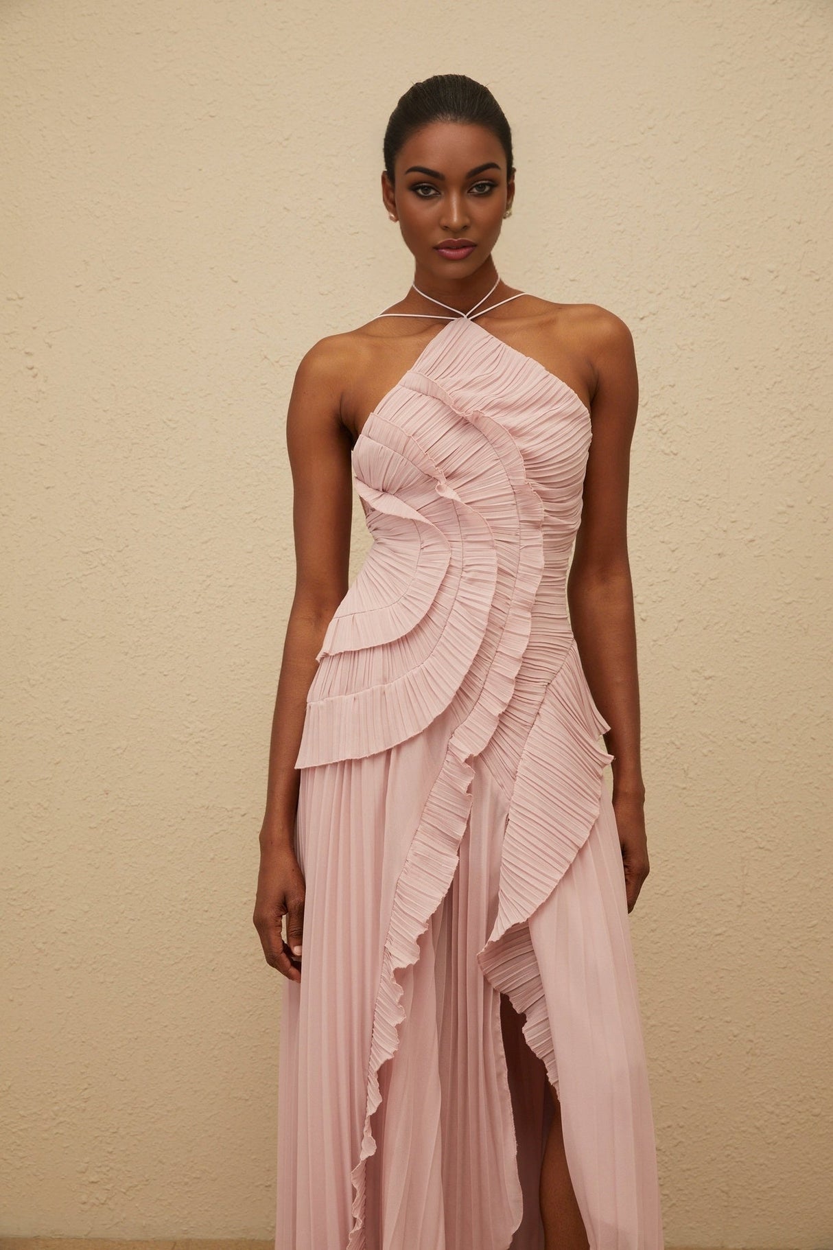 Brynn Midi Dress - Halterneck - Sleeveless - Fully - Pleated - Ruffled Trim - Asymmetrical Design