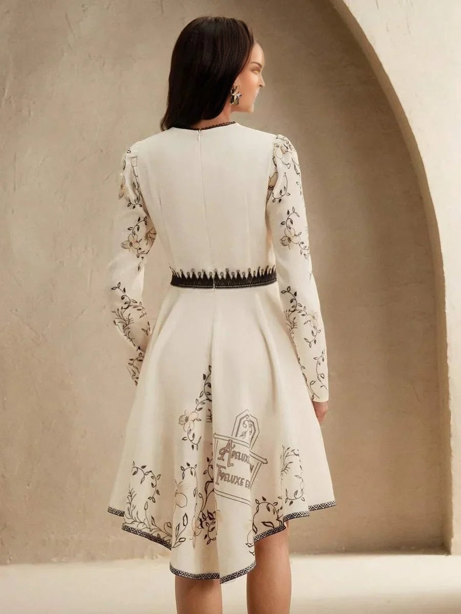 This elegant cream dress features intricate floral embroidery along the sleeves and hem, accentuating its feminine.