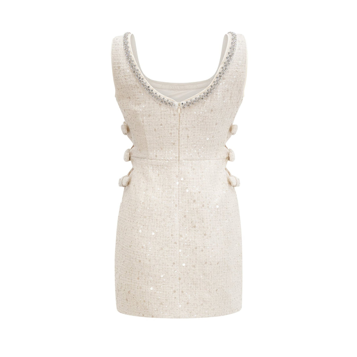 Brynn Mini Dress - Sleeveless with Sequin Detailing - Cut - Out Design - Crystal Embellishments - Bow Accent