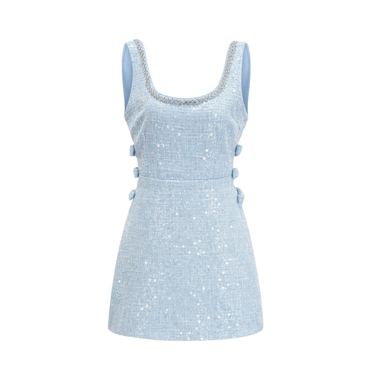 Brynn Mini Dress - Sleeveless with Sequin Detailing - Cut - Out Design - Crystal Embellishments - Bow Accent
