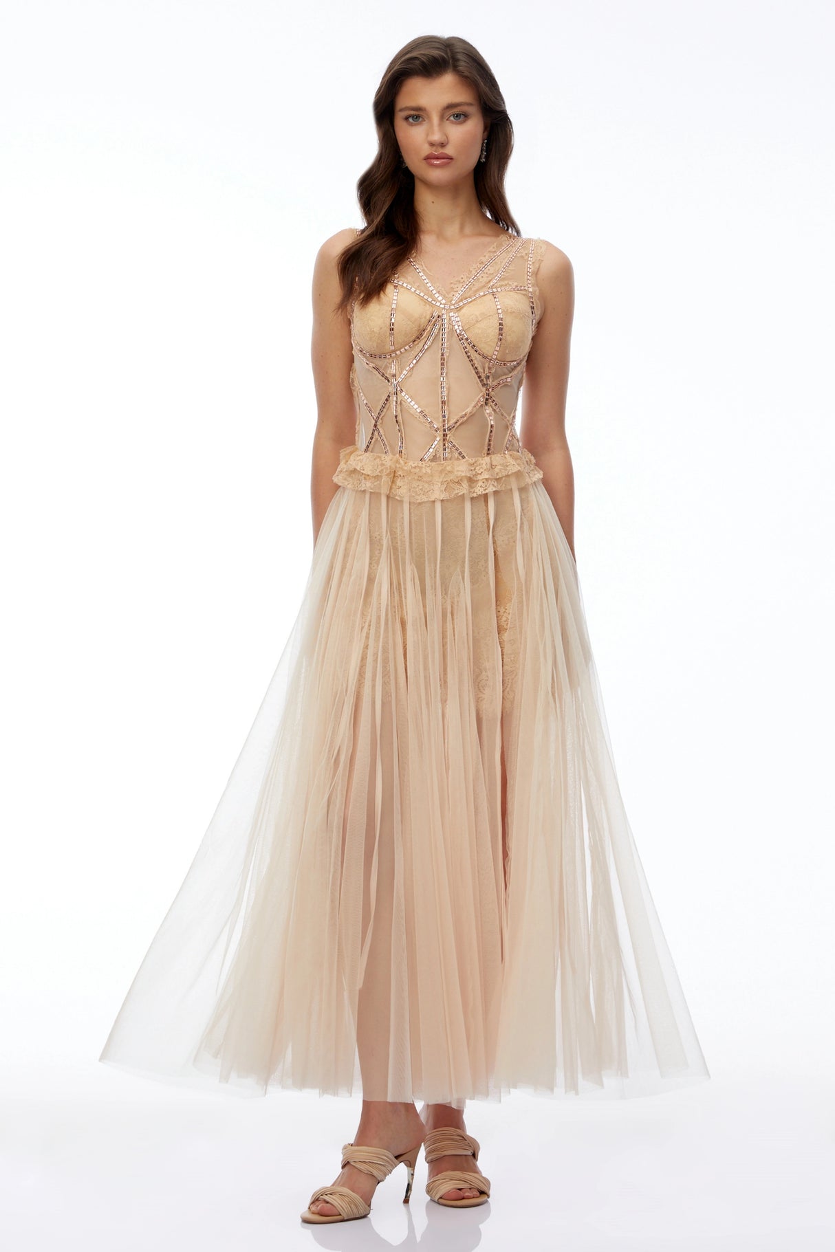 Bryony Champagne Floral Lace Mesh Maxi Dress
