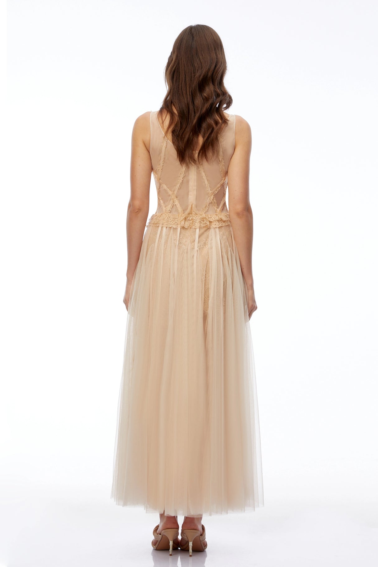 Bryony Champagne Floral Lace Mesh Maxi Dress