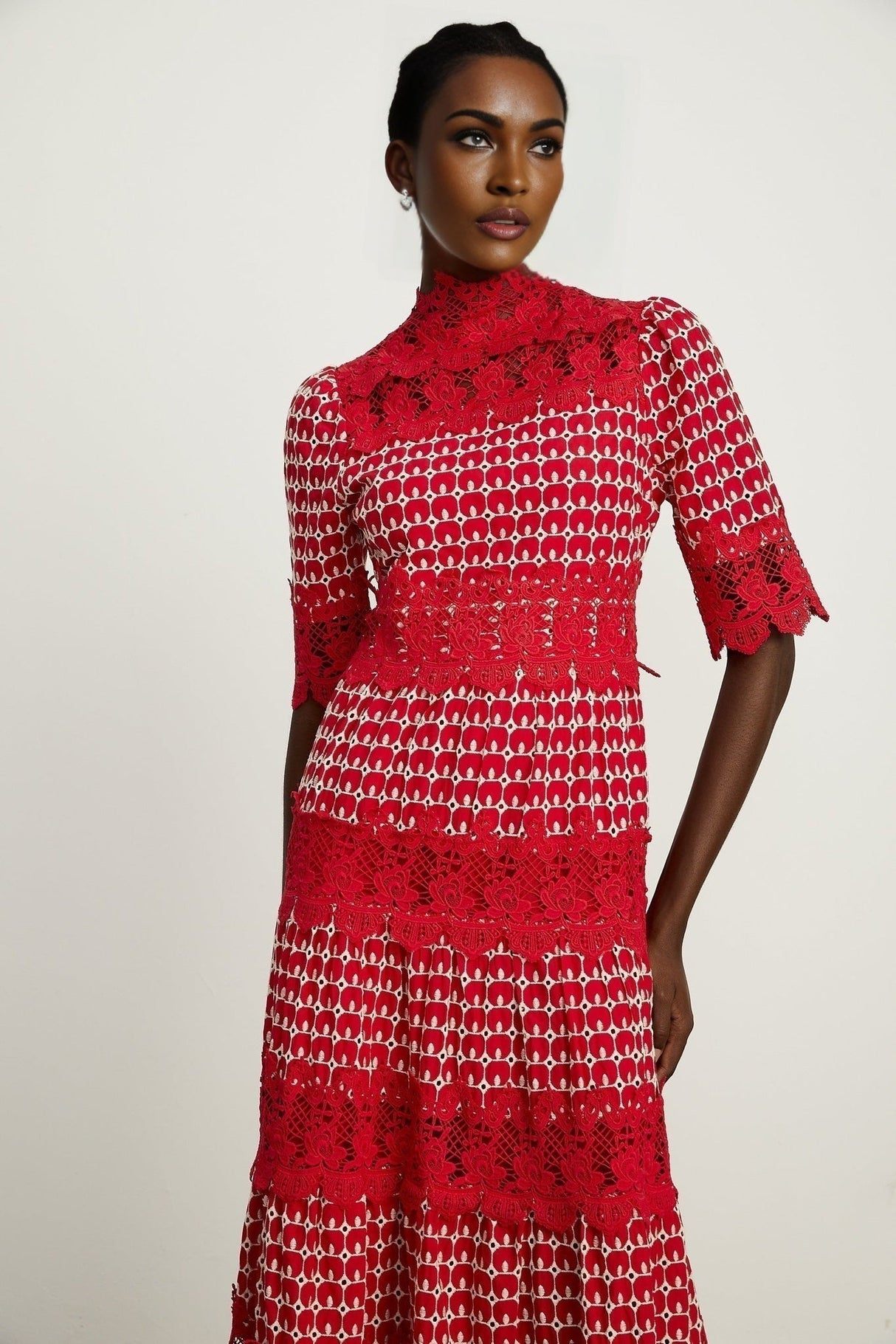 Caitlin Maxi Dress - Medium Size - Mock Neck Design - Short Sleeves - Scallop Pattern with Lace Panel Detail