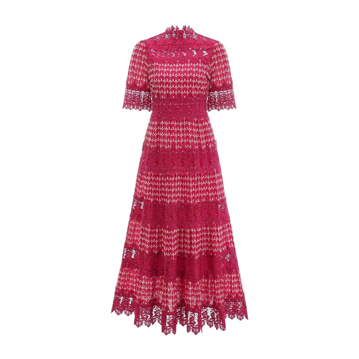 Caitlin Maxi Dress - Medium Size - Mock Neck Design - Short Sleeves - Scallop Pattern with Lace Panel Detail