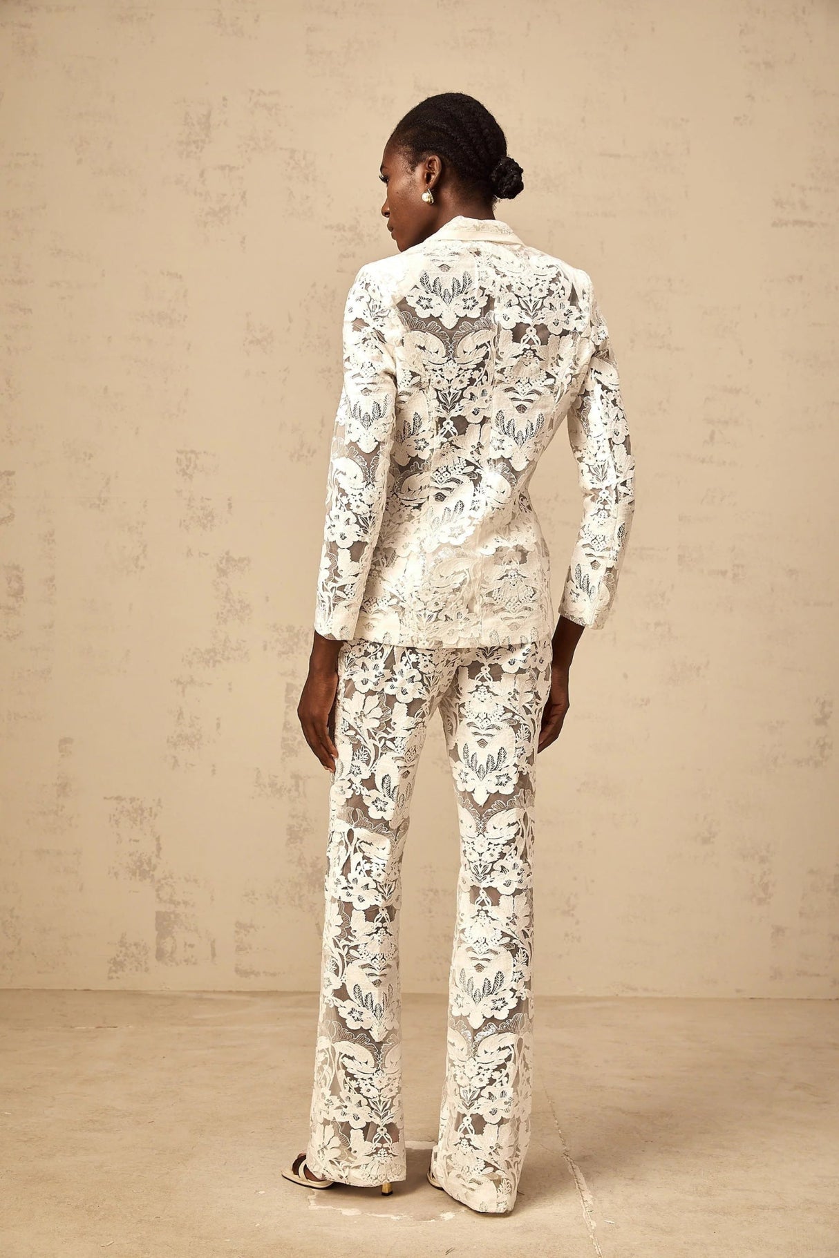 Caitlyn Blazer & Trousers Set White Sequined Flower - Embroidered