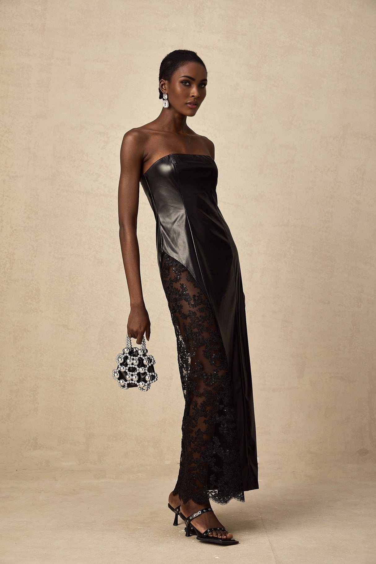 Caitlyn Maxi Dress - Strapless Style - Off the Shoulder Design - Floral Lace Paneling - Asymmetric Hem