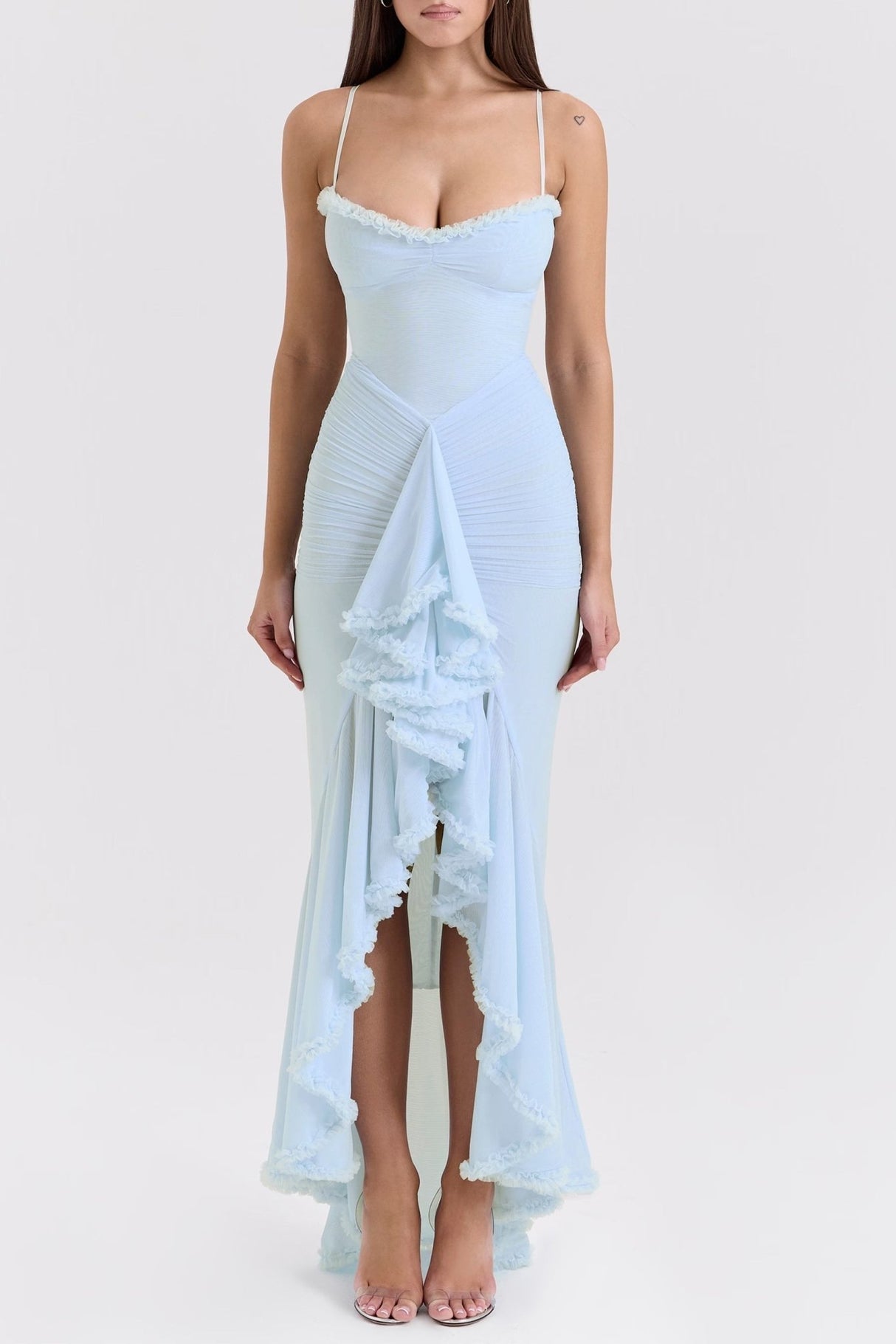 Caitlyn Maxi Dress - Sweetheart Neck with Ruched Detail - Spaghetti Straps - Front Slit and Ruffle Trim