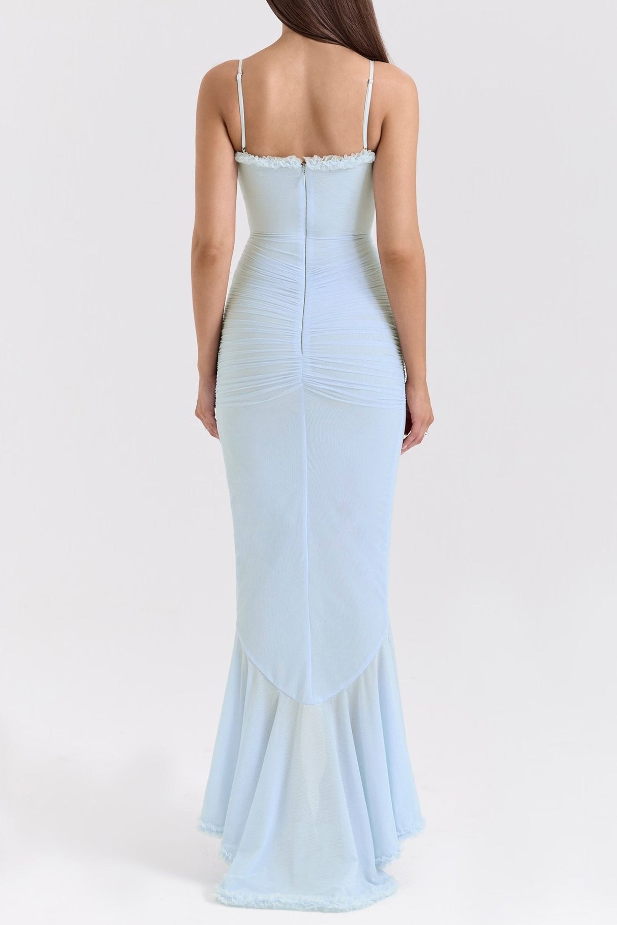 Caitlyn Maxi Dress - Sweetheart Neck with Ruched Detail - Spaghetti Straps - Front Slit and Ruffle Trim