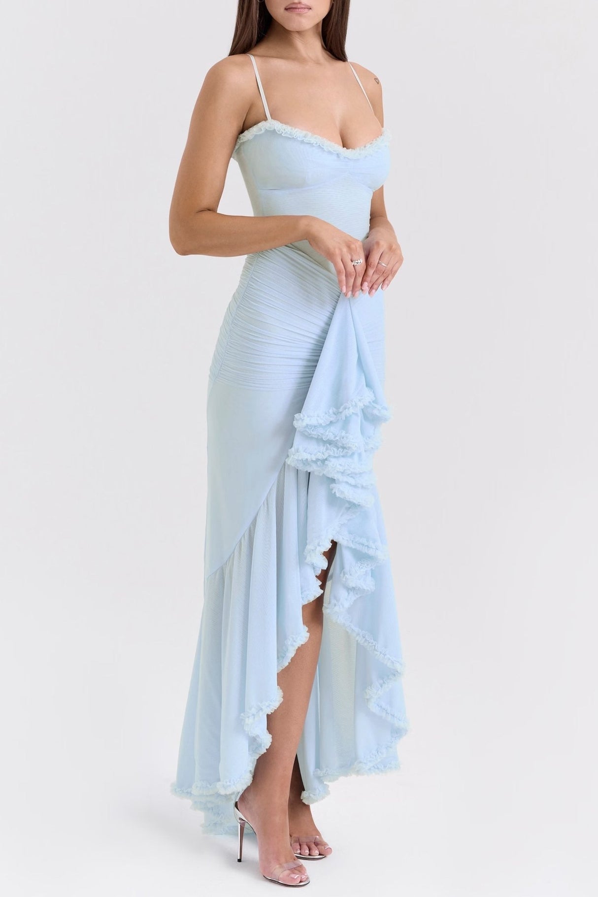 Caitlyn Maxi Dress - Sweetheart Neck with Ruched Detail - Spaghetti Straps - Front Slit and Ruffle Trim