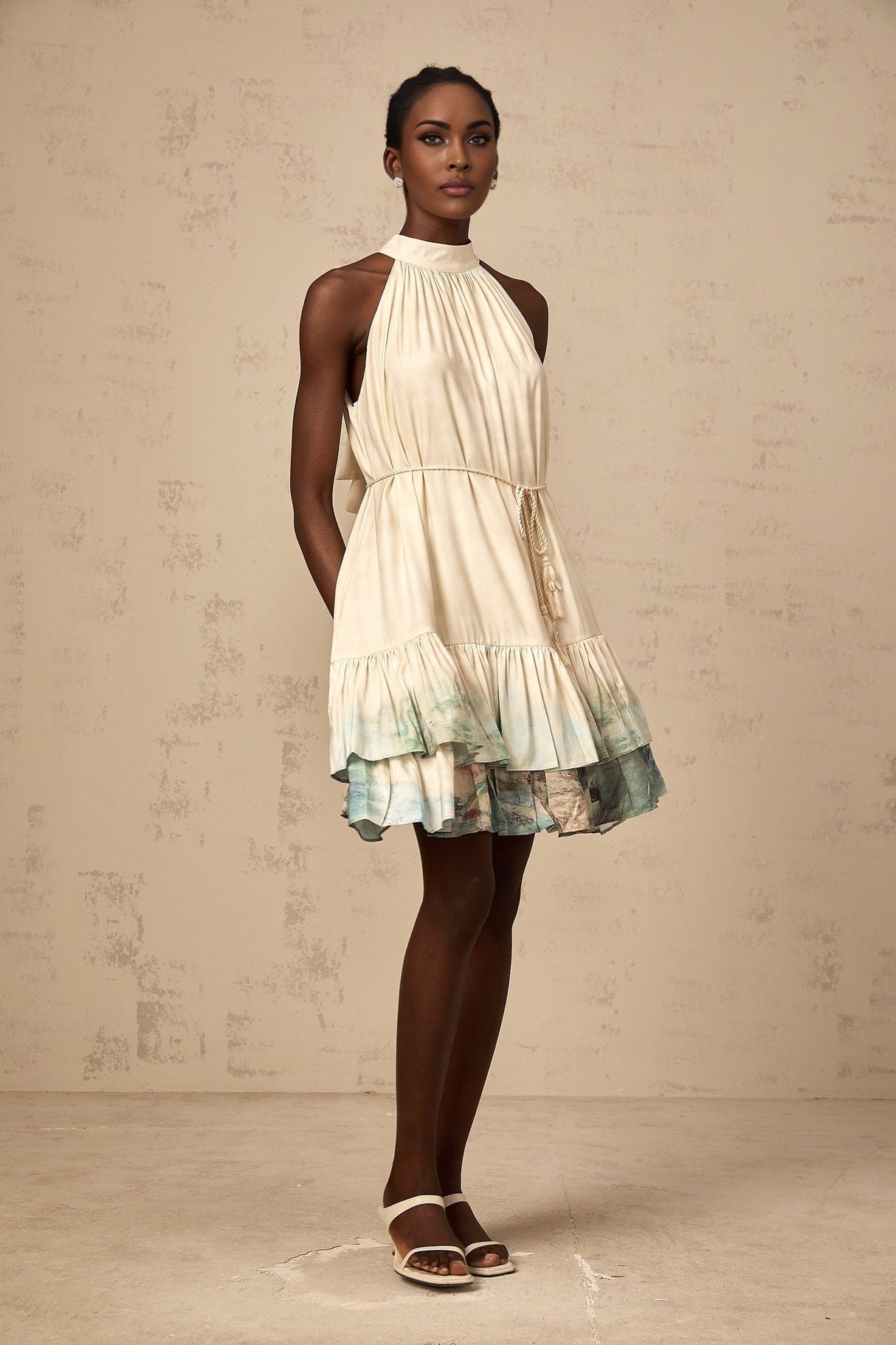 Caitlyn Mini Dress – Sleeveless – Tied Waist – Pattern Print