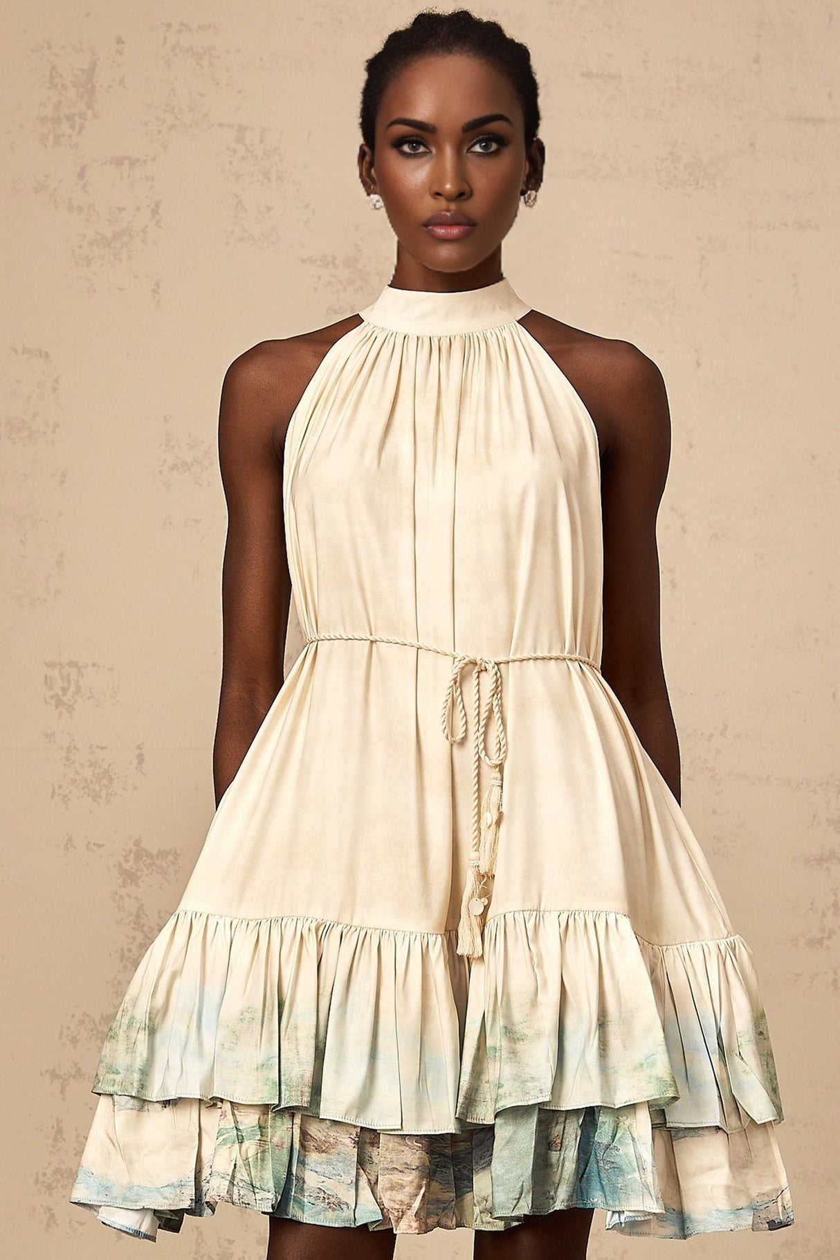 Caitlyn Mini Dress – Sleeveless – Tied Waist – Pattern Print