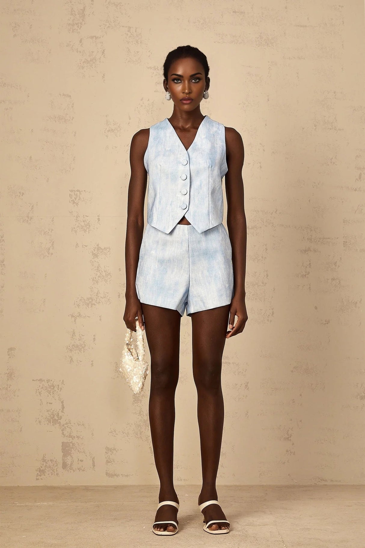 Caitlyn Top & Shorts Set with Button Detail in Blue