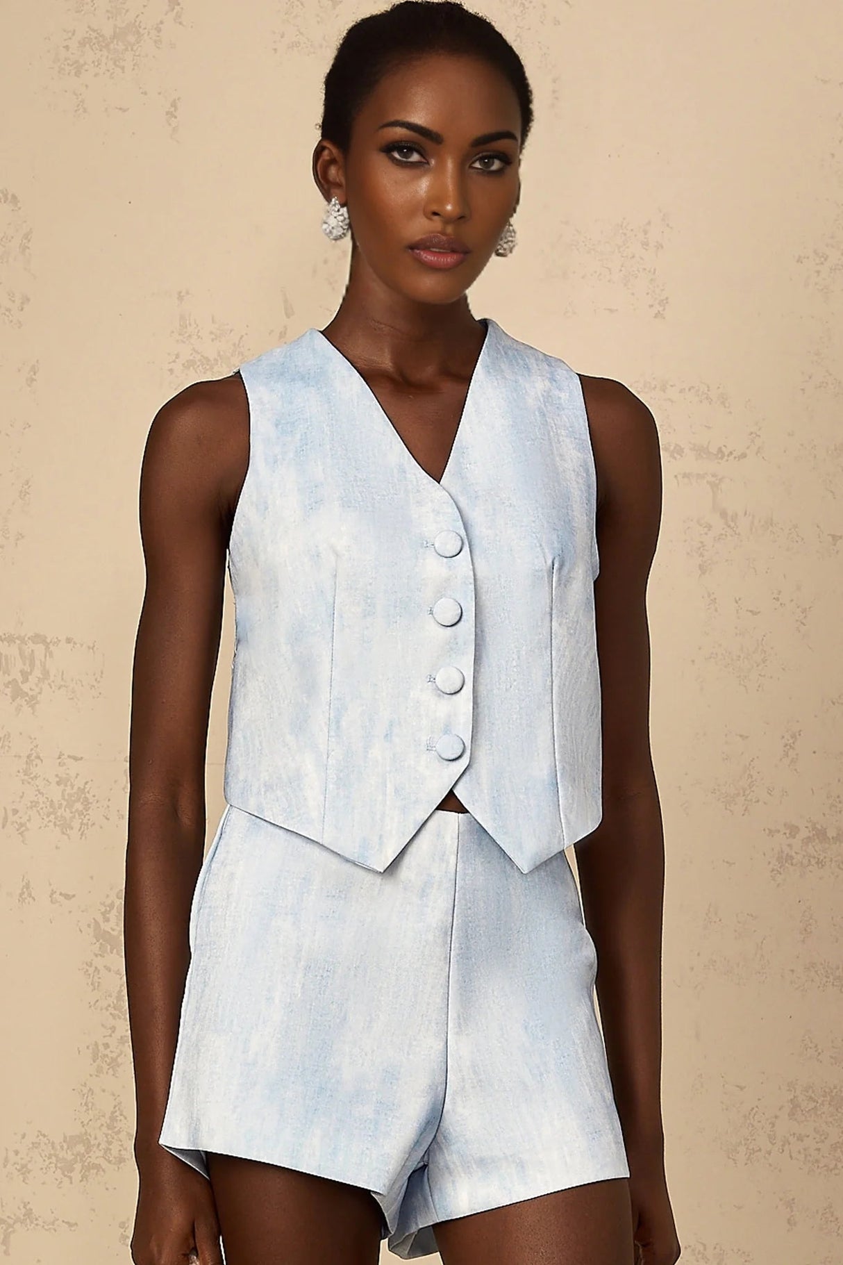 Caitlyn Top & Shorts Set with Button Detail in Blue