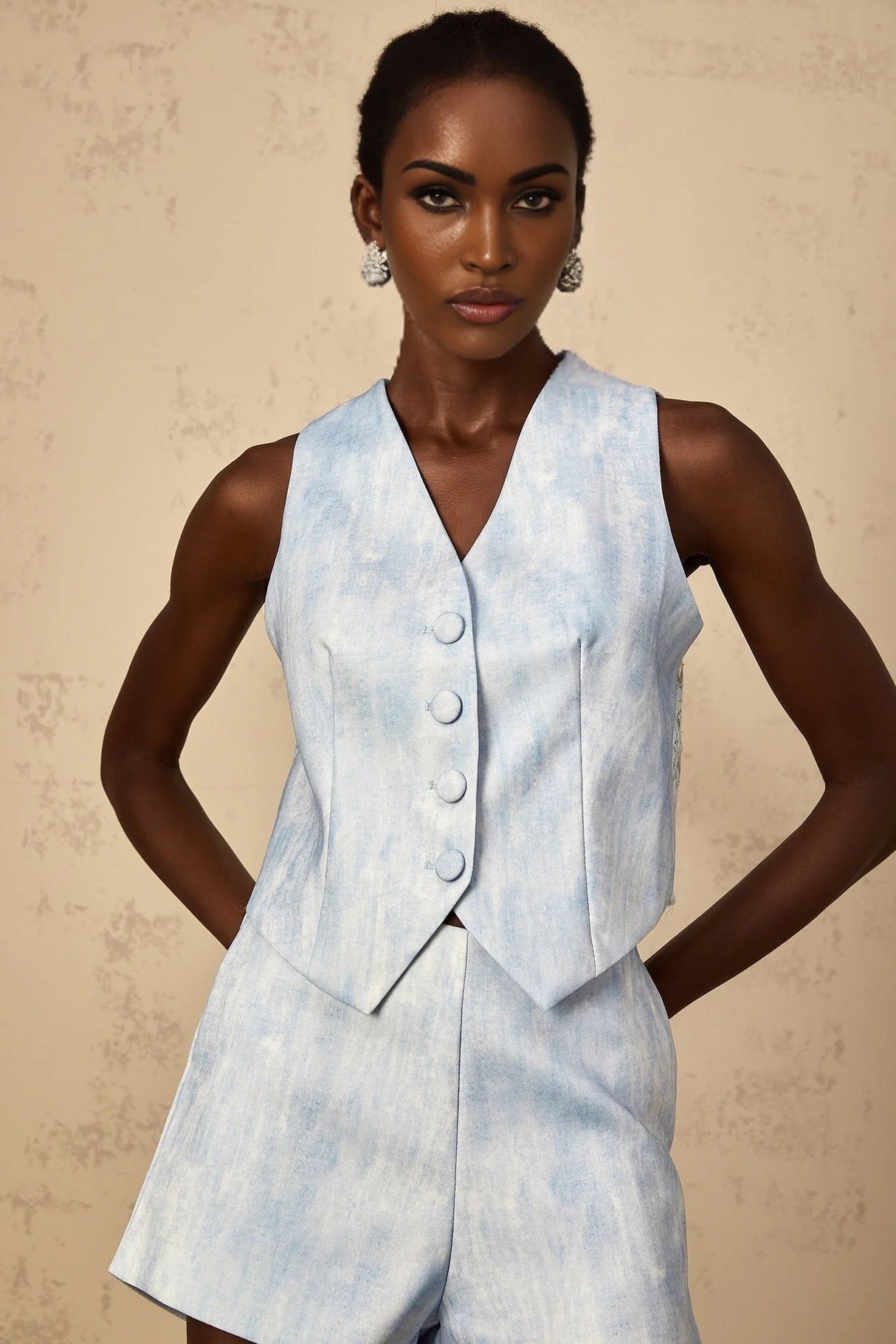 Caitlyn Top & Shorts Set with Button Detail in Blue