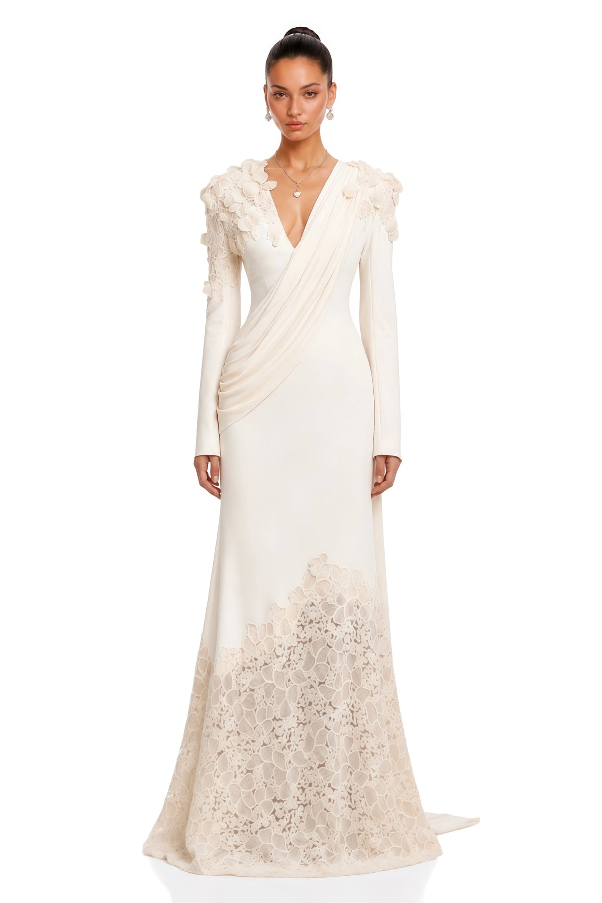 Calanthe Champagne Floral Lace Maxi Dress with Ribbon Detail