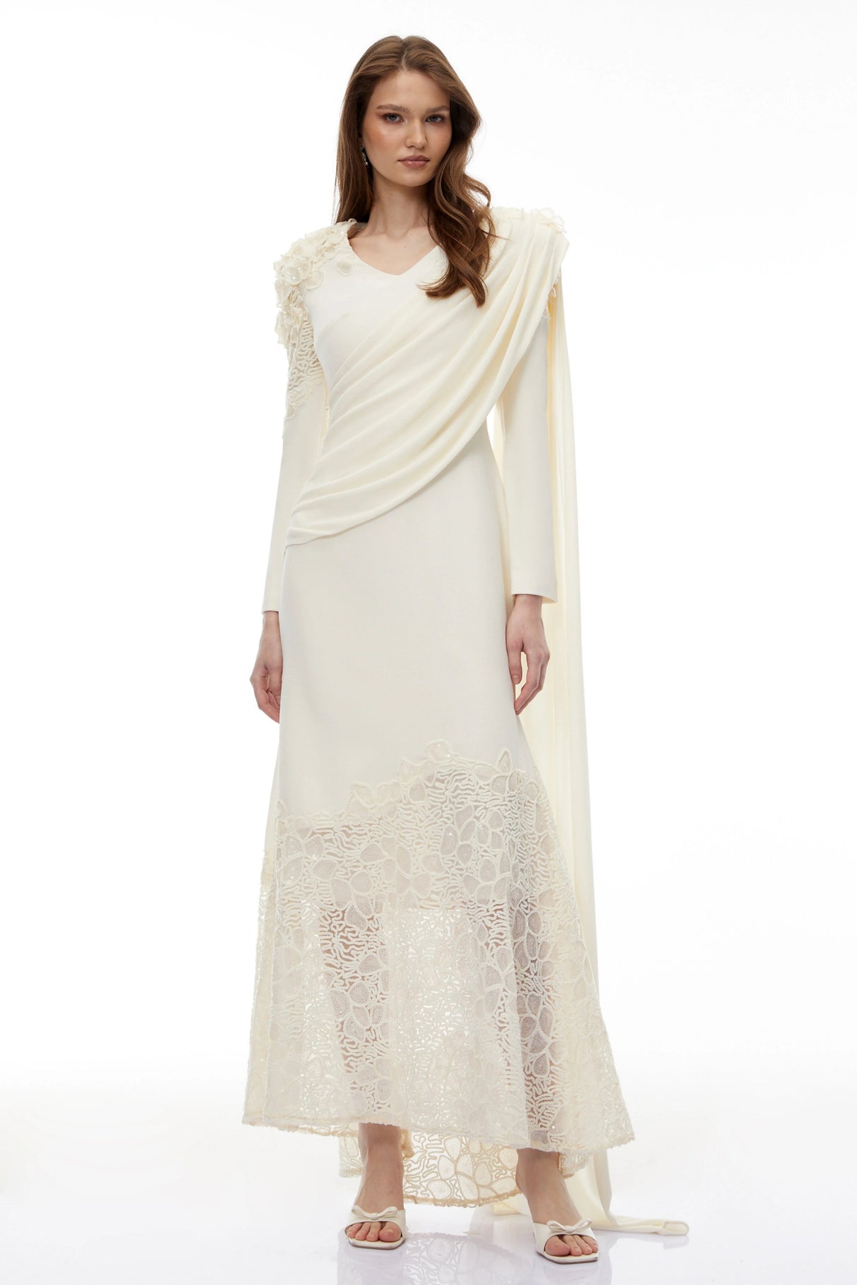 Calanthe Champagne Floral Lace Maxi Dress with Ribbon Detail