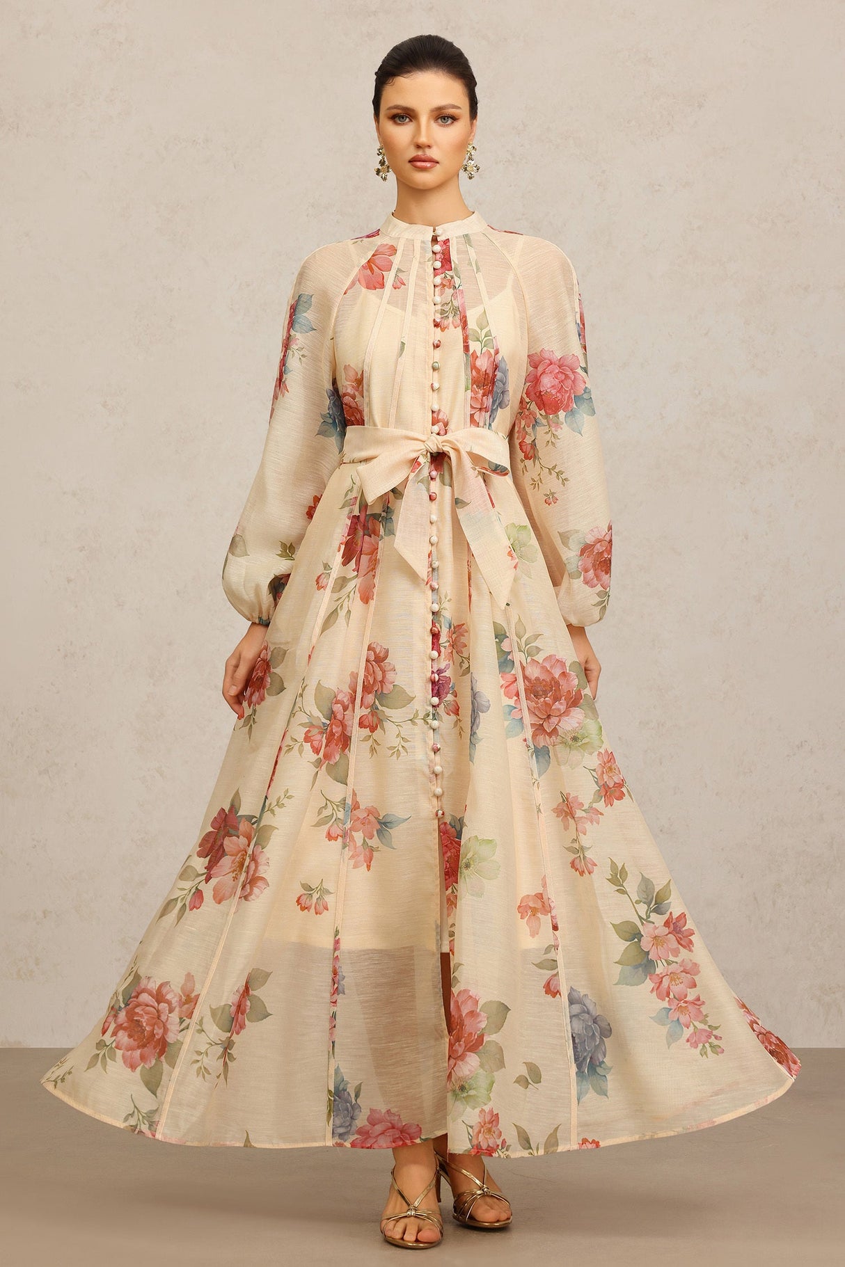 Callie Beige Floral Maxi Dress with Belt